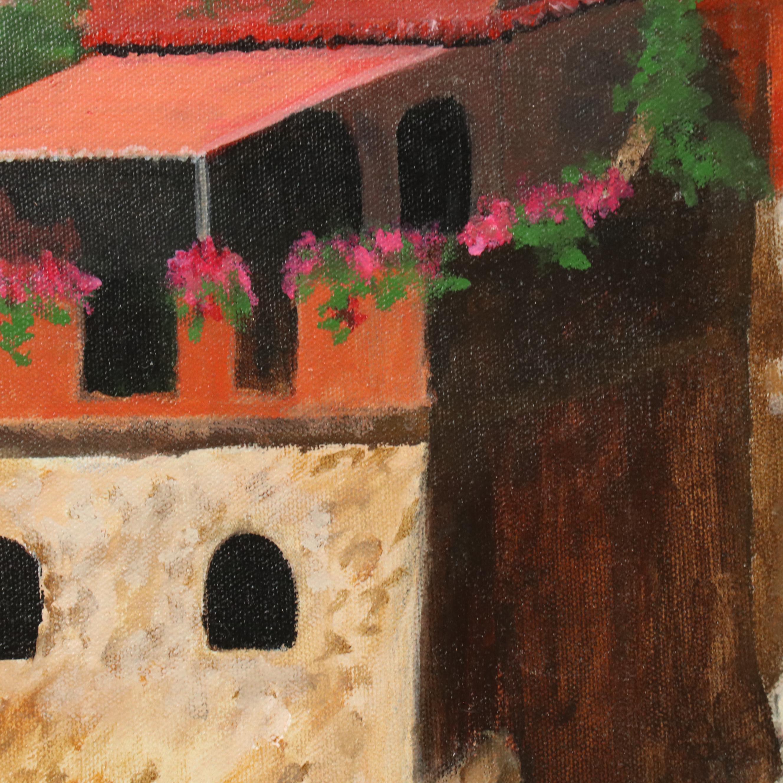Village Landscape Oil Painting of European Villa, 1993