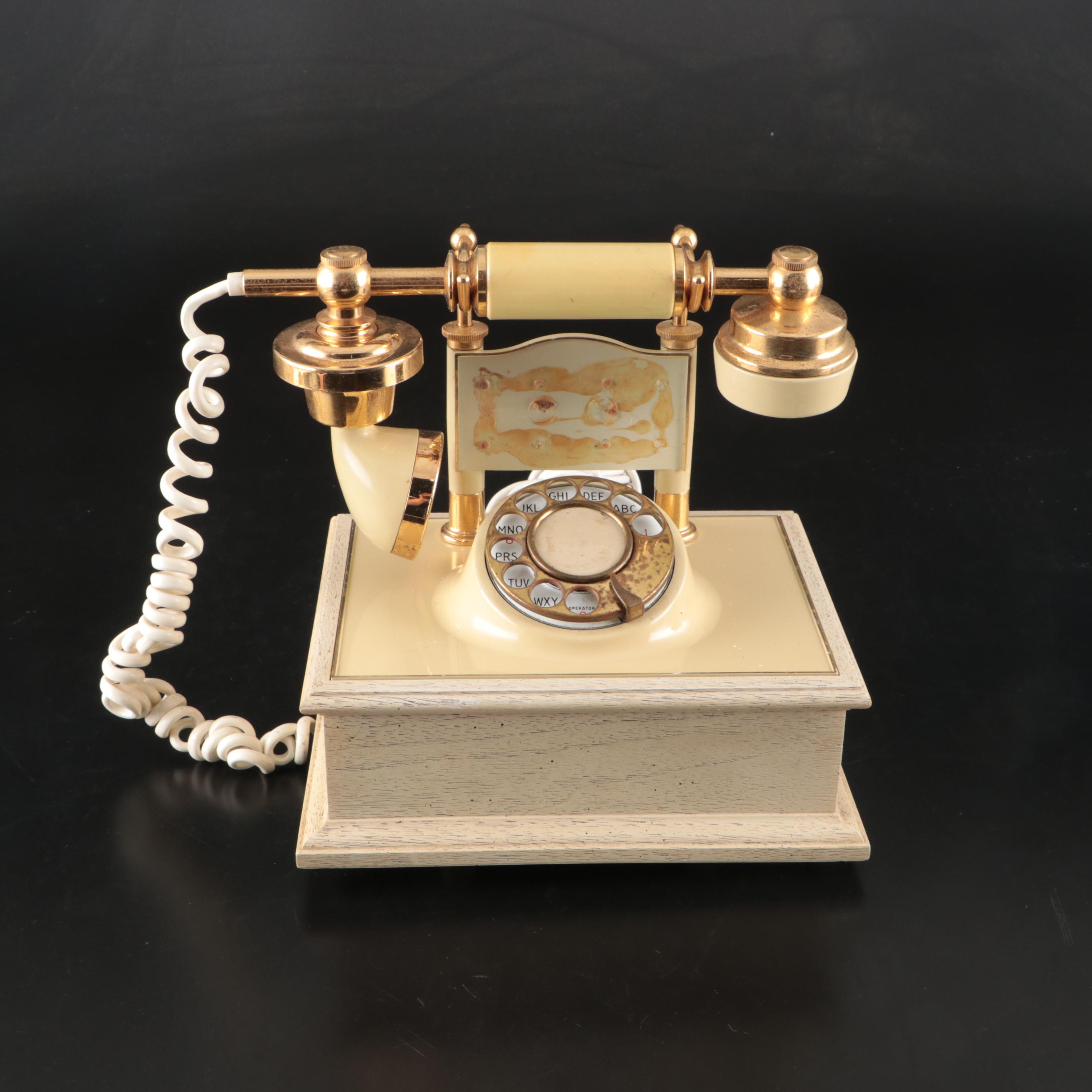 Art Nouveau Style Brass Vanity Mirror, Deco-Tel Rotary Phone, and Lanshire Clock