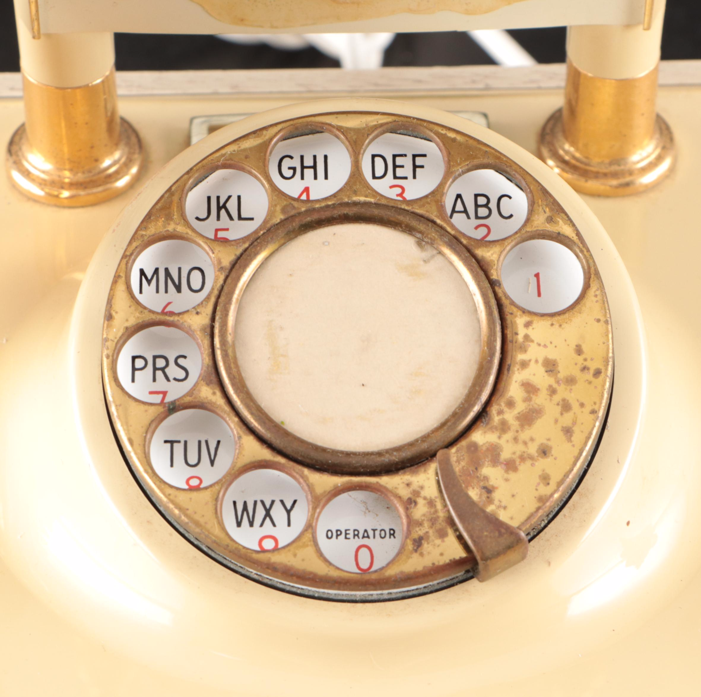 Art Nouveau Style Brass Vanity Mirror, Deco-Tel Rotary Phone, and Lanshire Clock