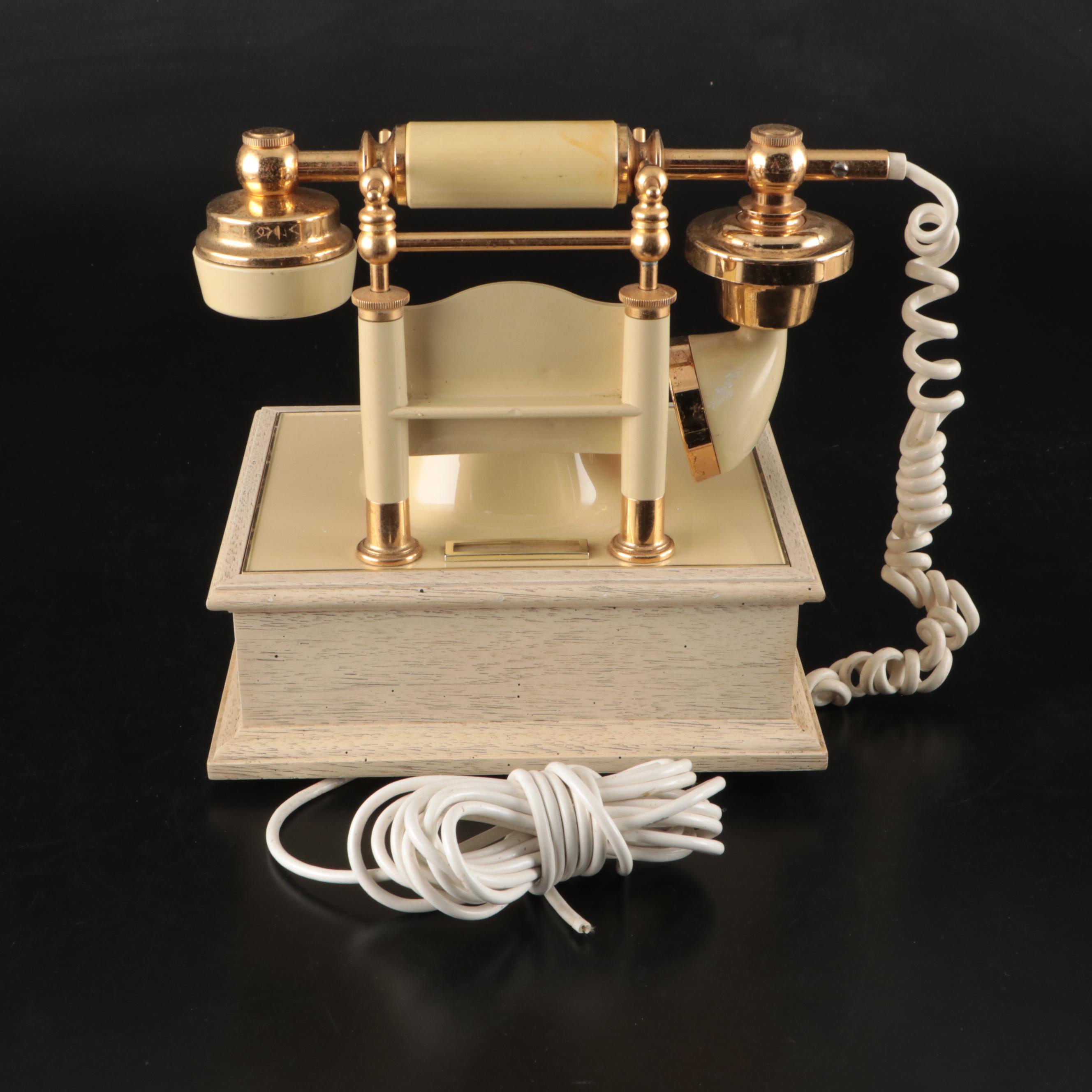 Art Nouveau Style Brass Vanity Mirror, Deco-Tel Rotary Phone, and Lanshire Clock