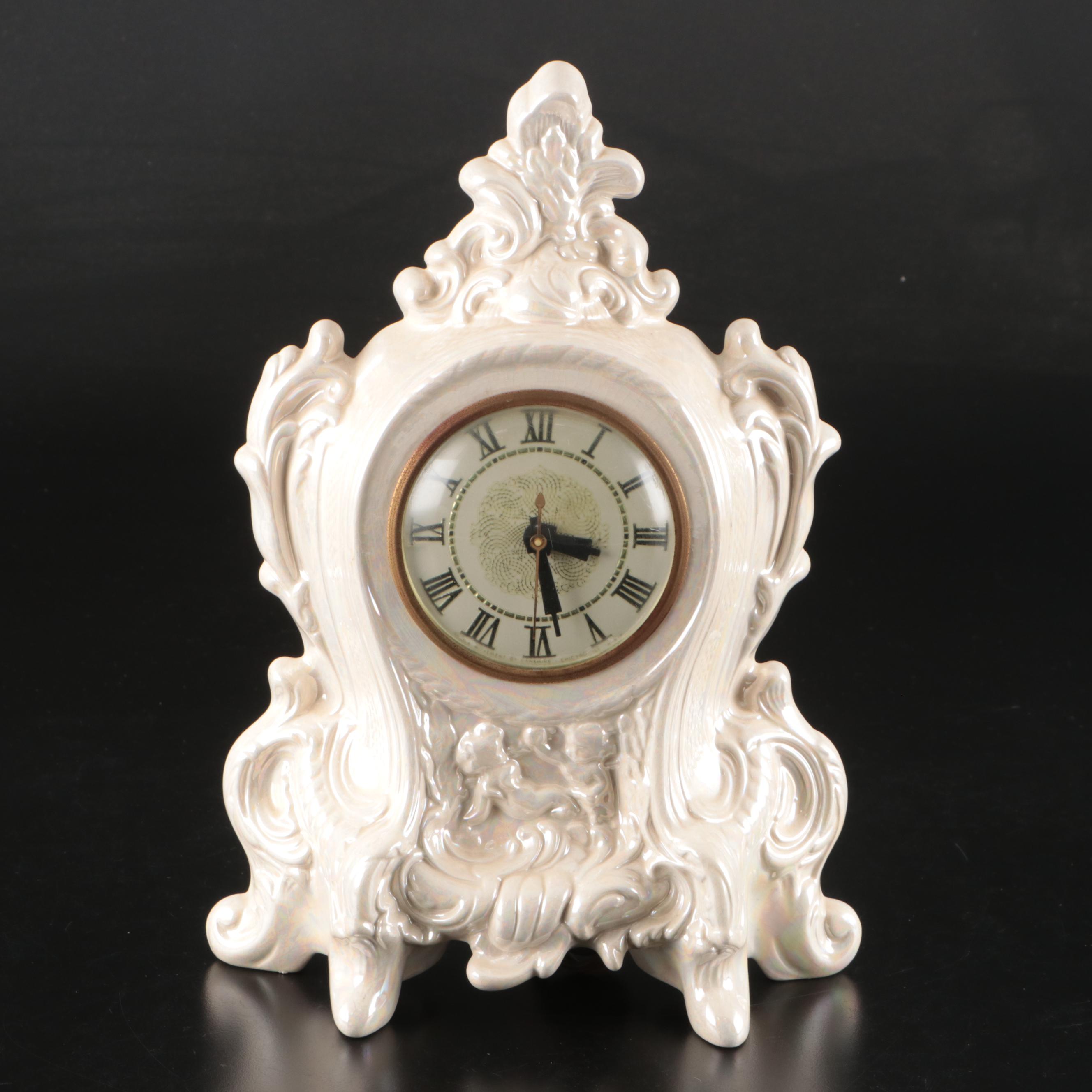 Art Nouveau Style Brass Vanity Mirror, Deco-Tel Rotary Phone, and Lanshire Clock