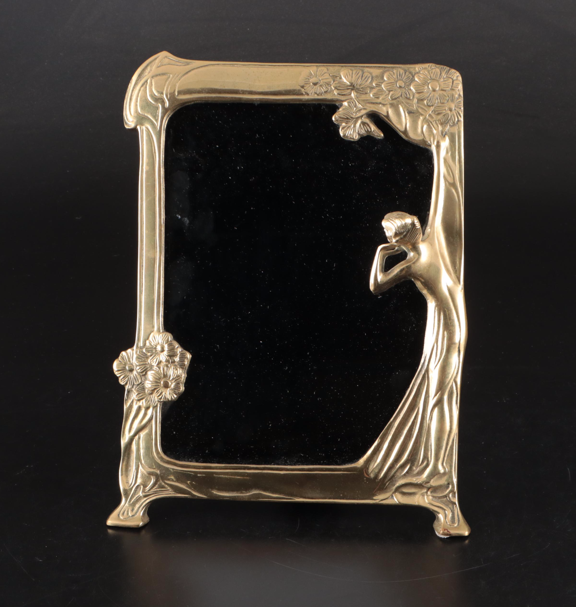 Art Nouveau Style Brass Vanity Mirror, Deco-Tel Rotary Phone, and Lanshire Clock