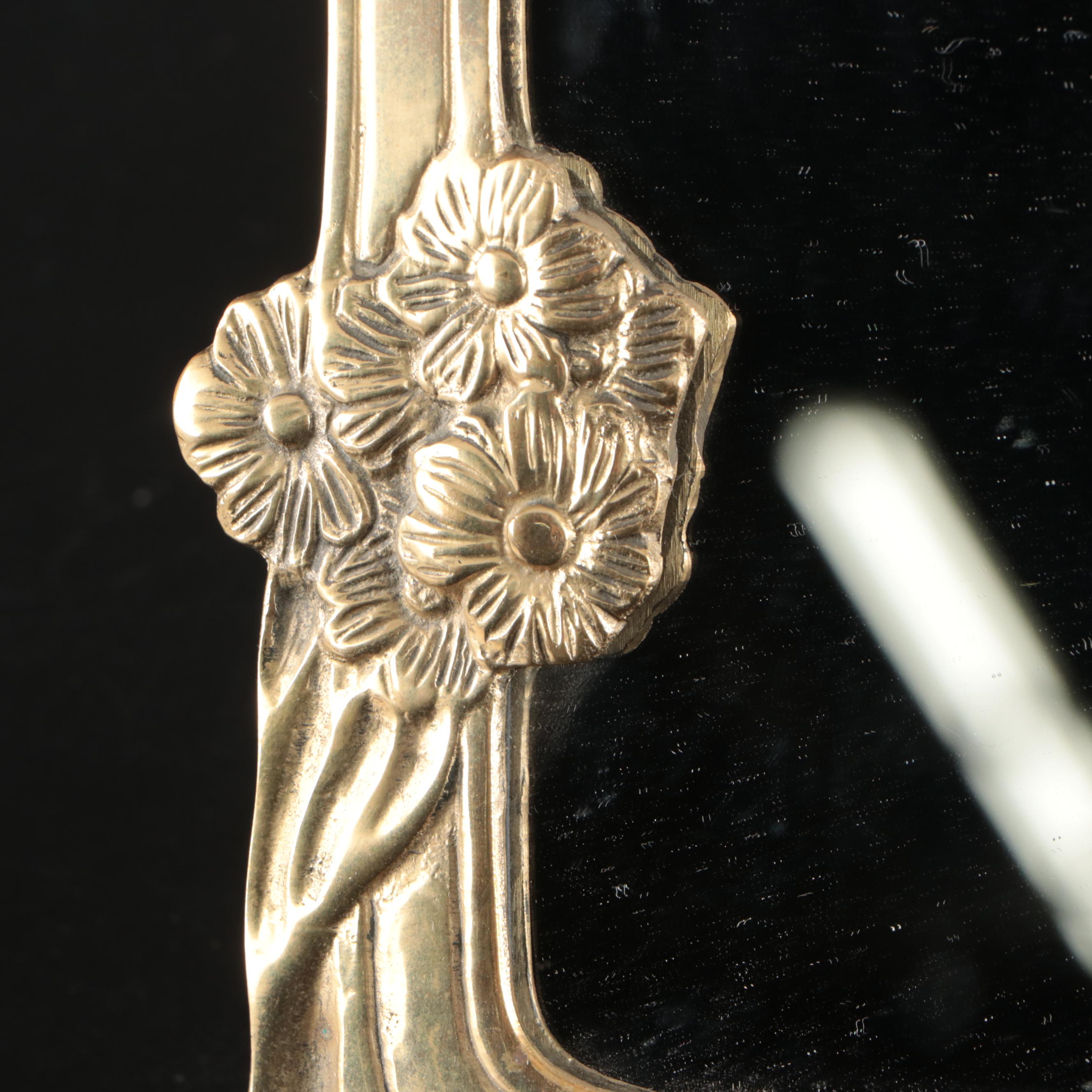 Art Nouveau Style Brass Vanity Mirror, Deco-Tel Rotary Phone, and Lanshire Clock