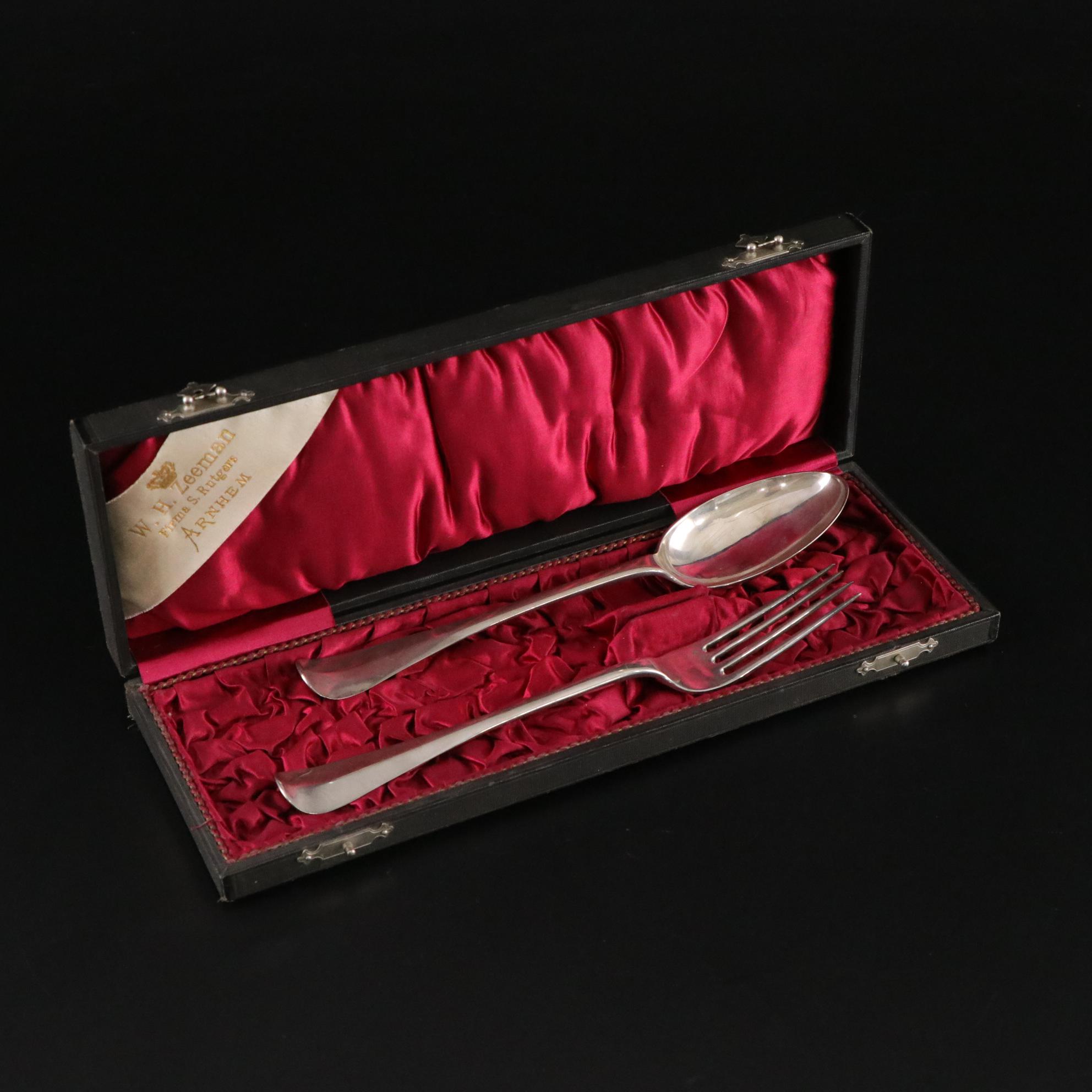 Dutch Coin Silver Serving Fork & Spoon with Case, 1802