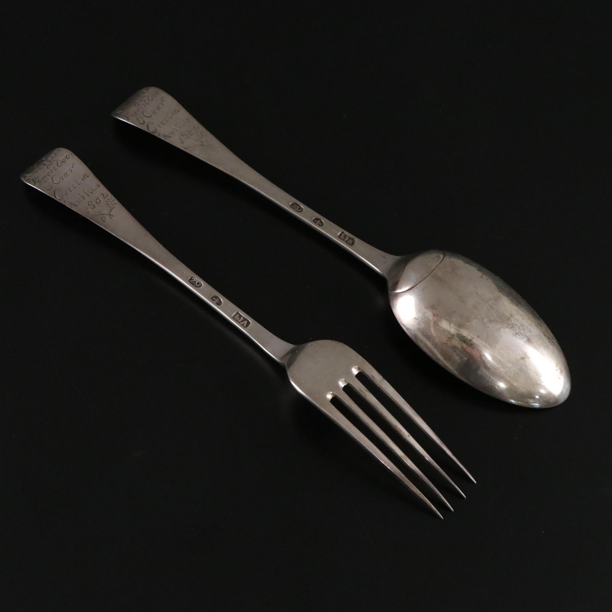 Dutch Coin Silver Serving Fork & Spoon with Case, 1802