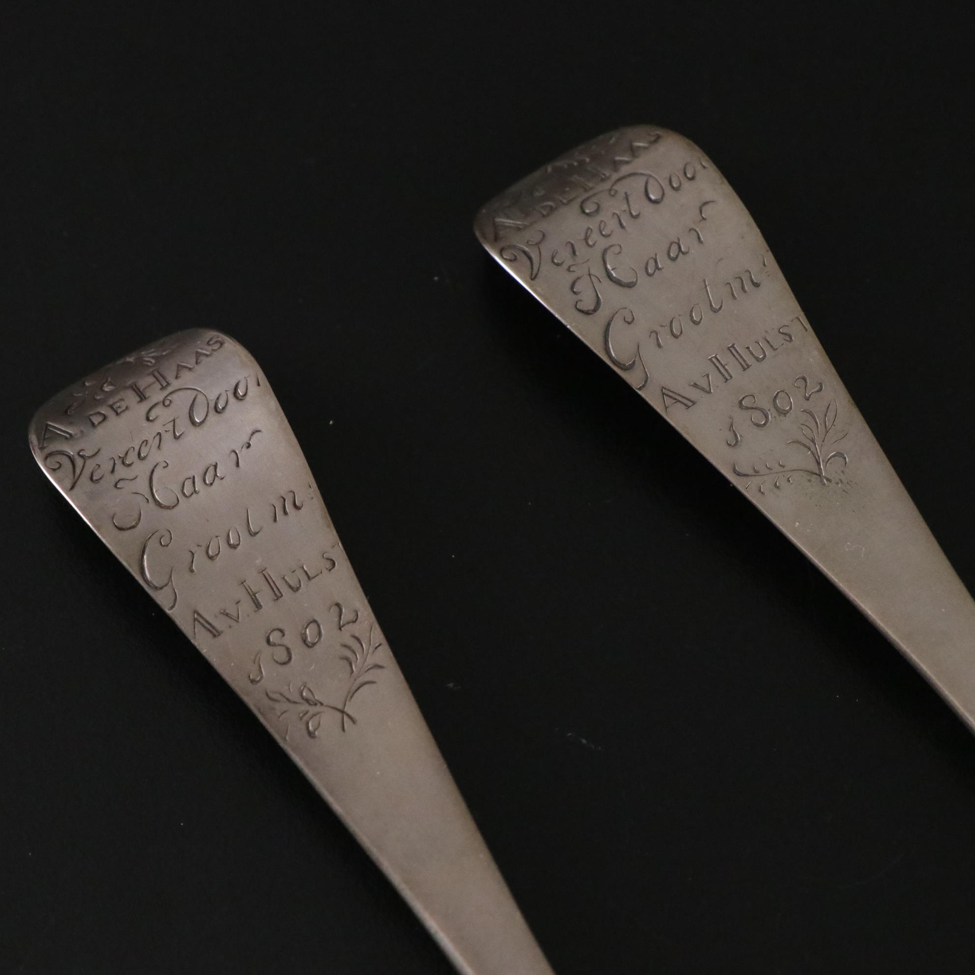 Dutch Coin Silver Serving Fork & Spoon with Case, 1802