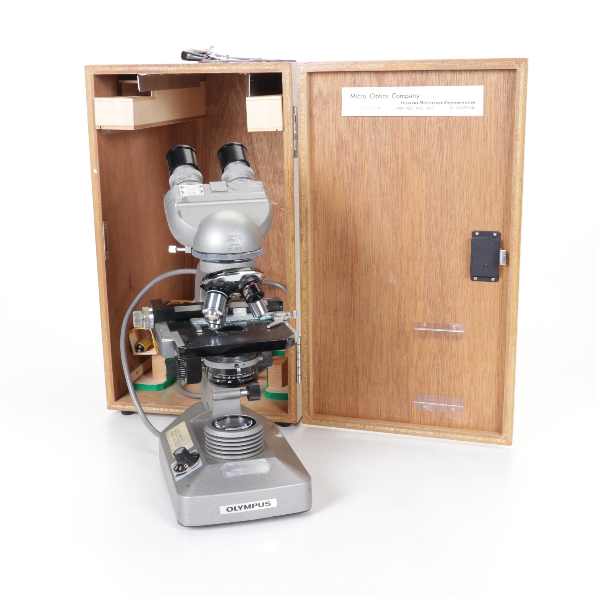 Olympus Tokyo Binocular Microscope with Four Objectives in Wood Case