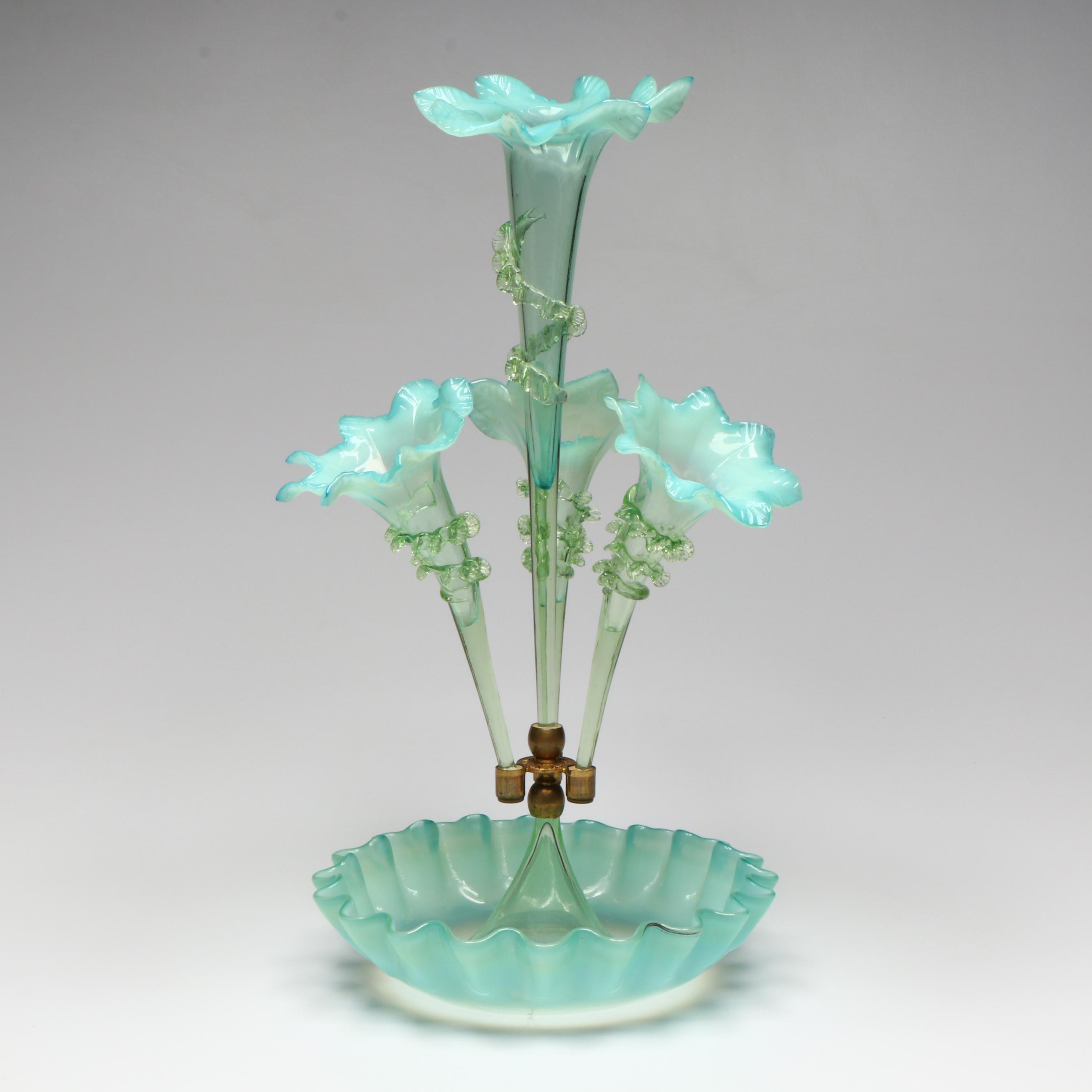 Art Nouveau Style Ruffled Blue and Green Glass Centerpiece Epergne