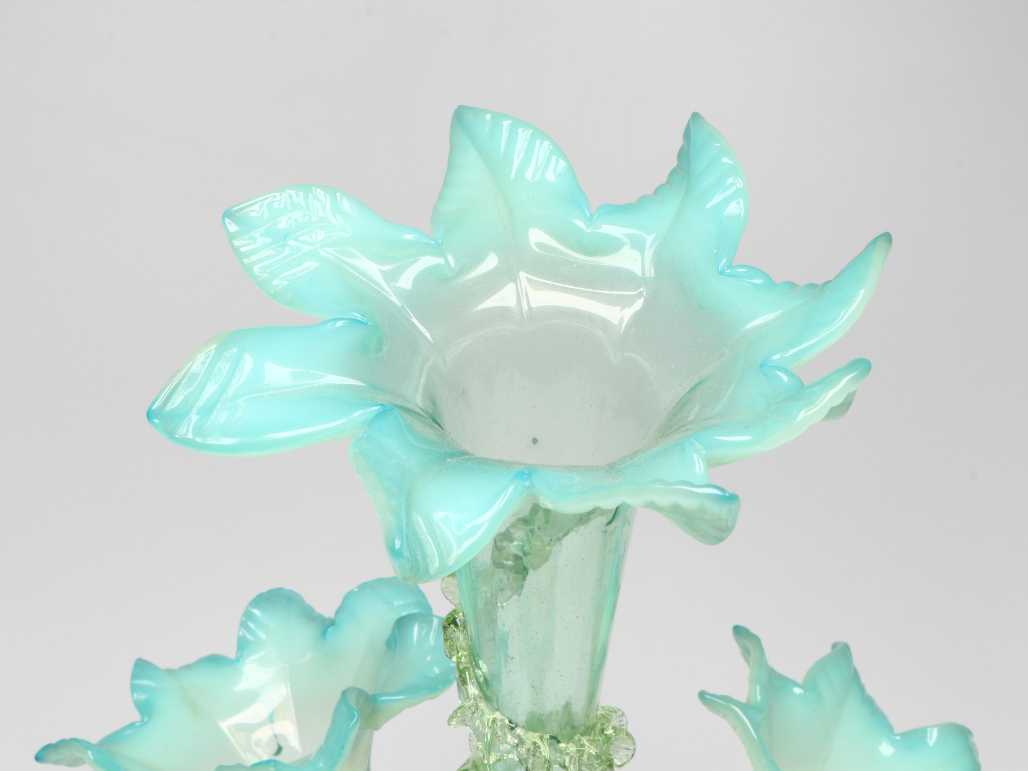 Art Nouveau Style Ruffled Blue and Green Glass Centerpiece Epergne