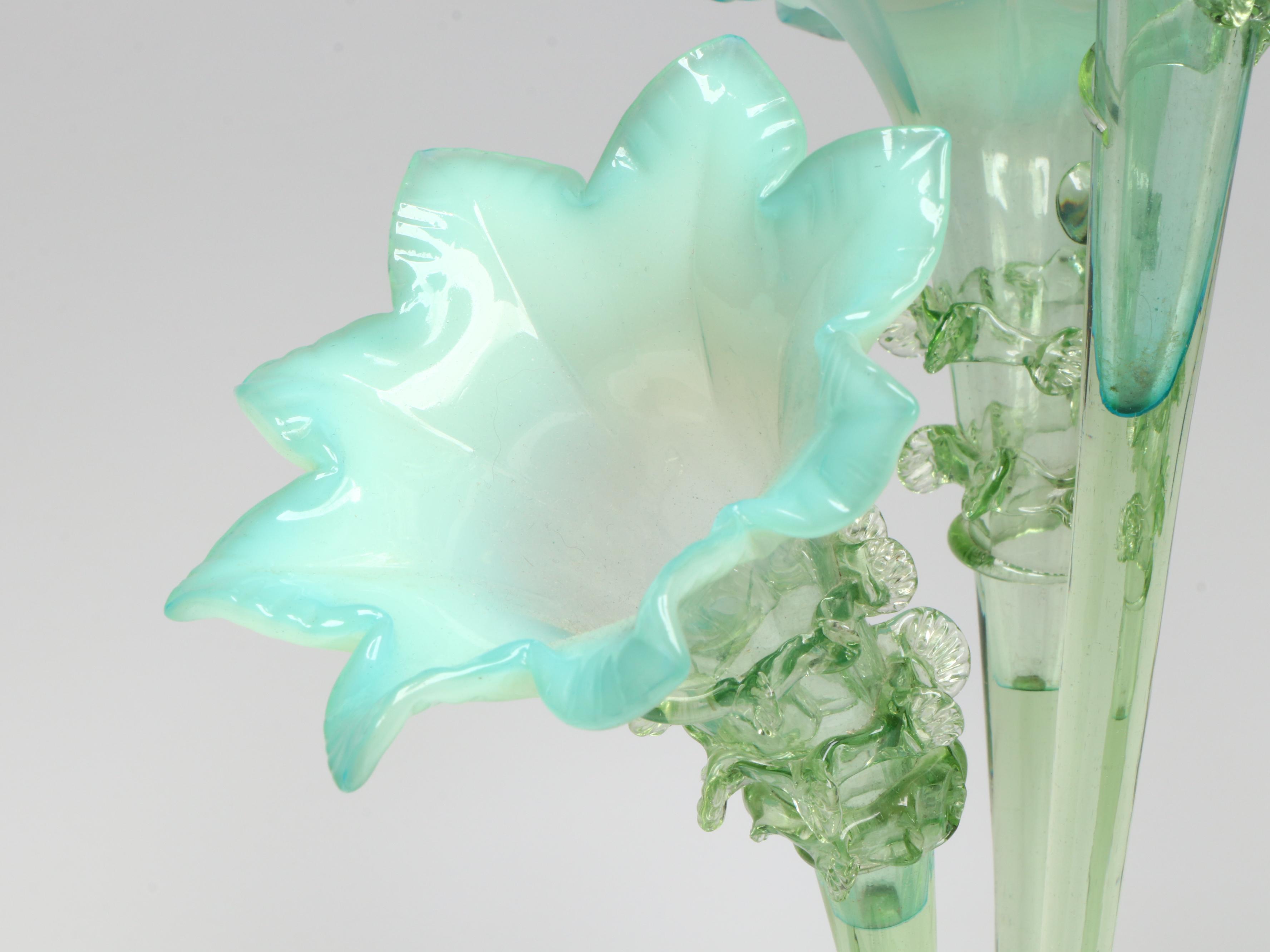 Art Nouveau Style Ruffled Blue and Green Glass Centerpiece Epergne