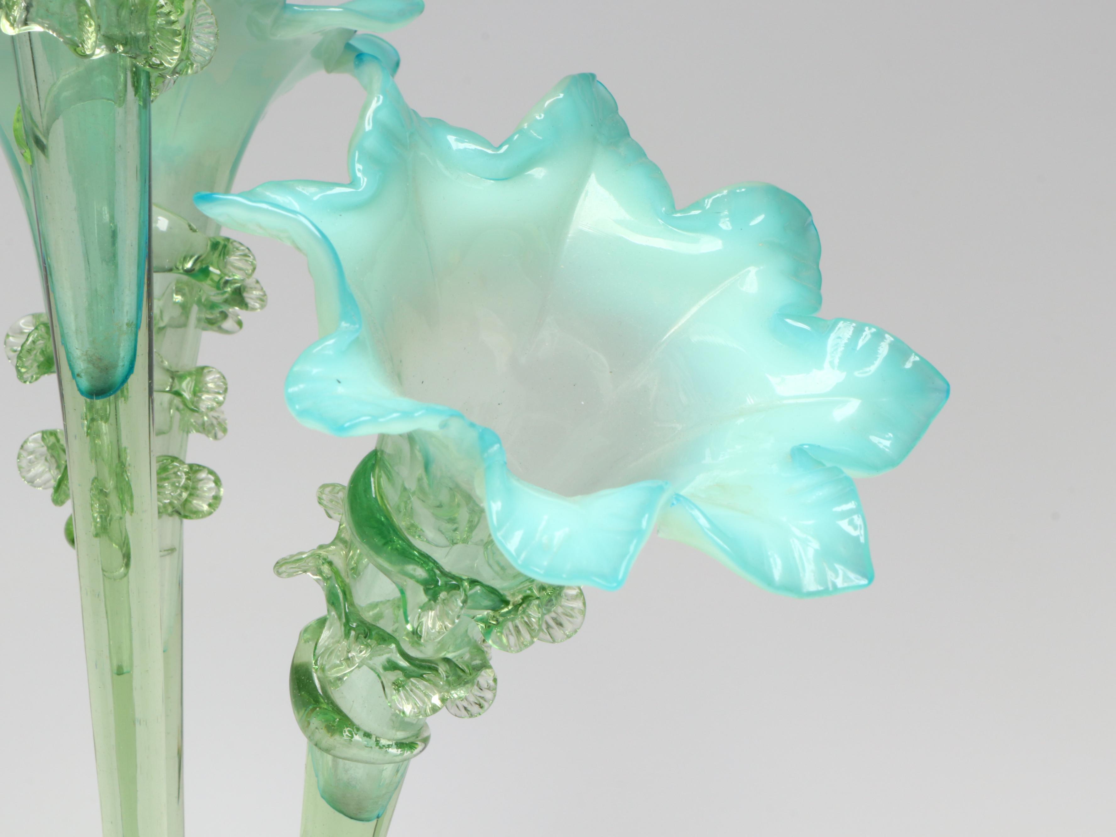 Art Nouveau Style Ruffled Blue and Green Glass Centerpiece Epergne