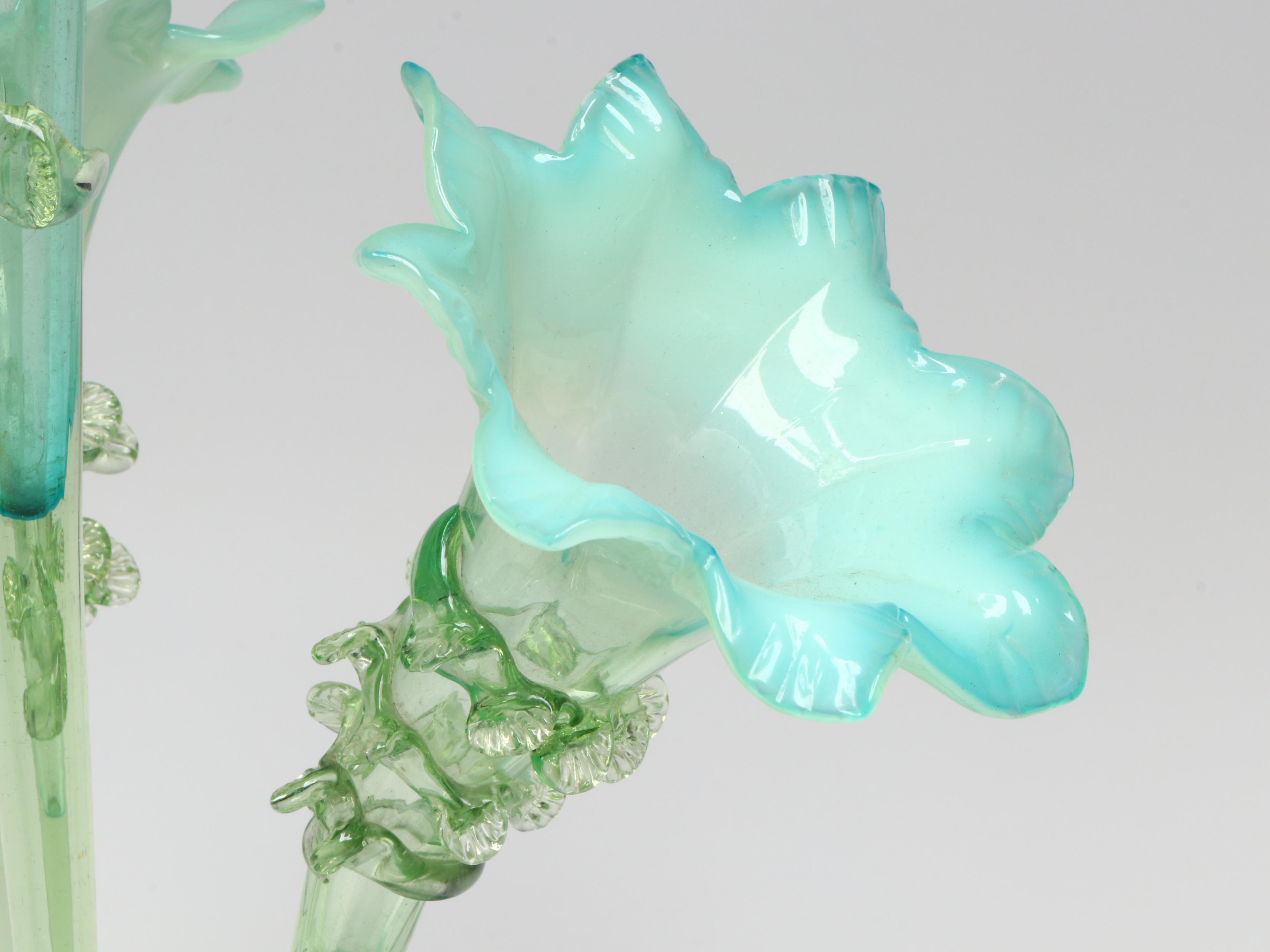 Art Nouveau Style Ruffled Blue and Green Glass Centerpiece Epergne