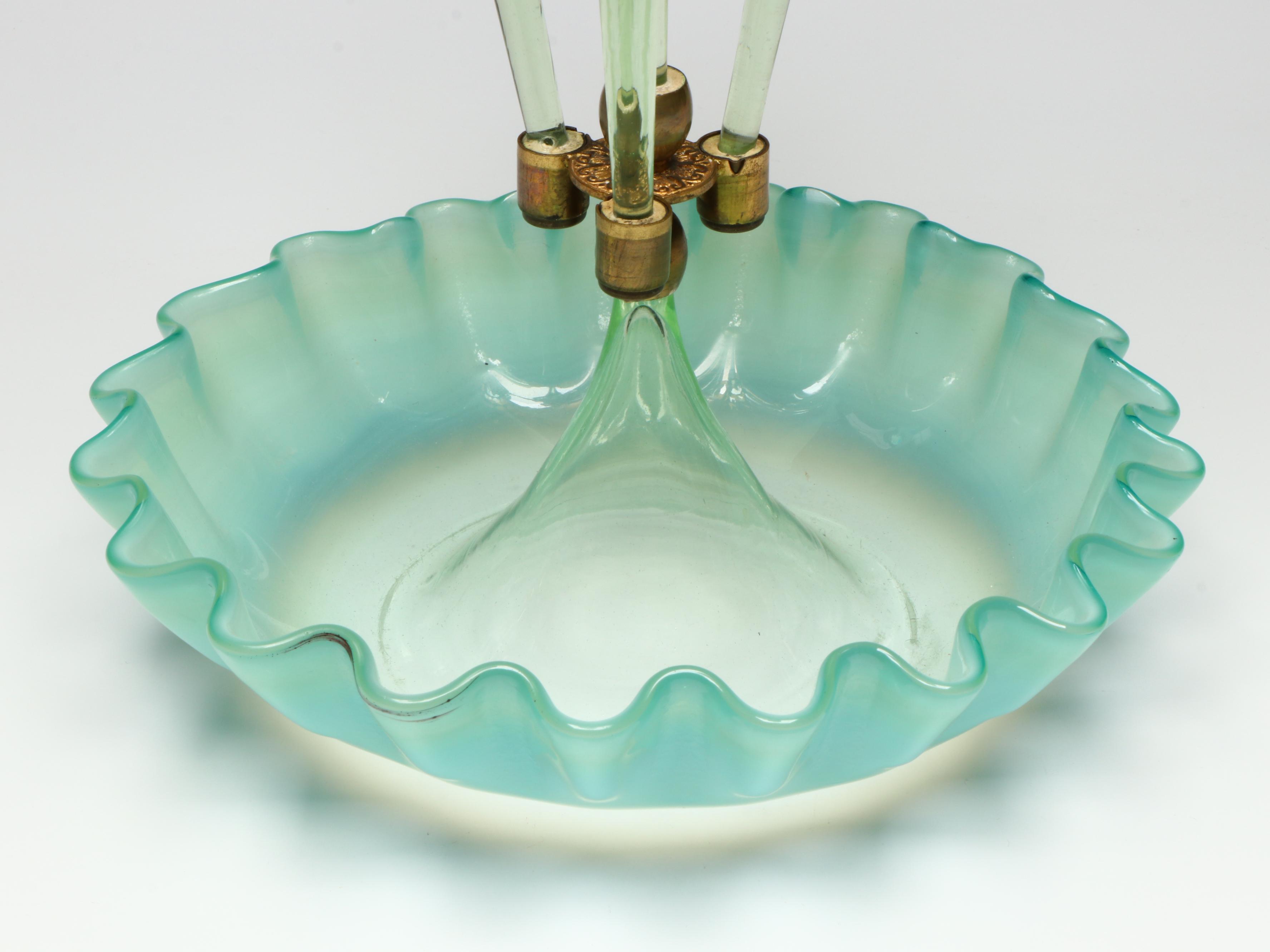 Art Nouveau Style Ruffled Blue and Green Glass Centerpiece Epergne