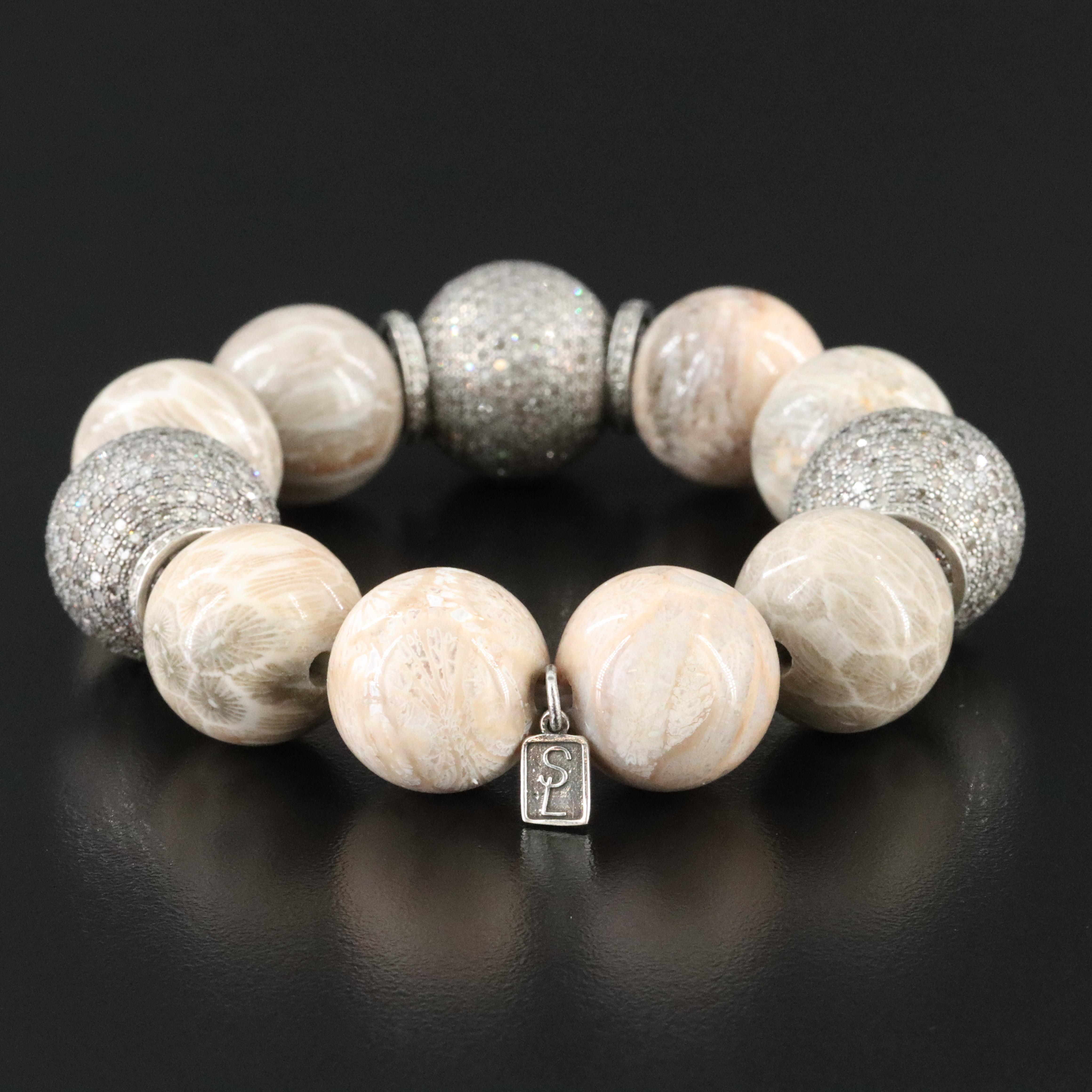 Sheryl Lowe Sterling Bracelet with Pavé Diamonds and Petoskey Stone