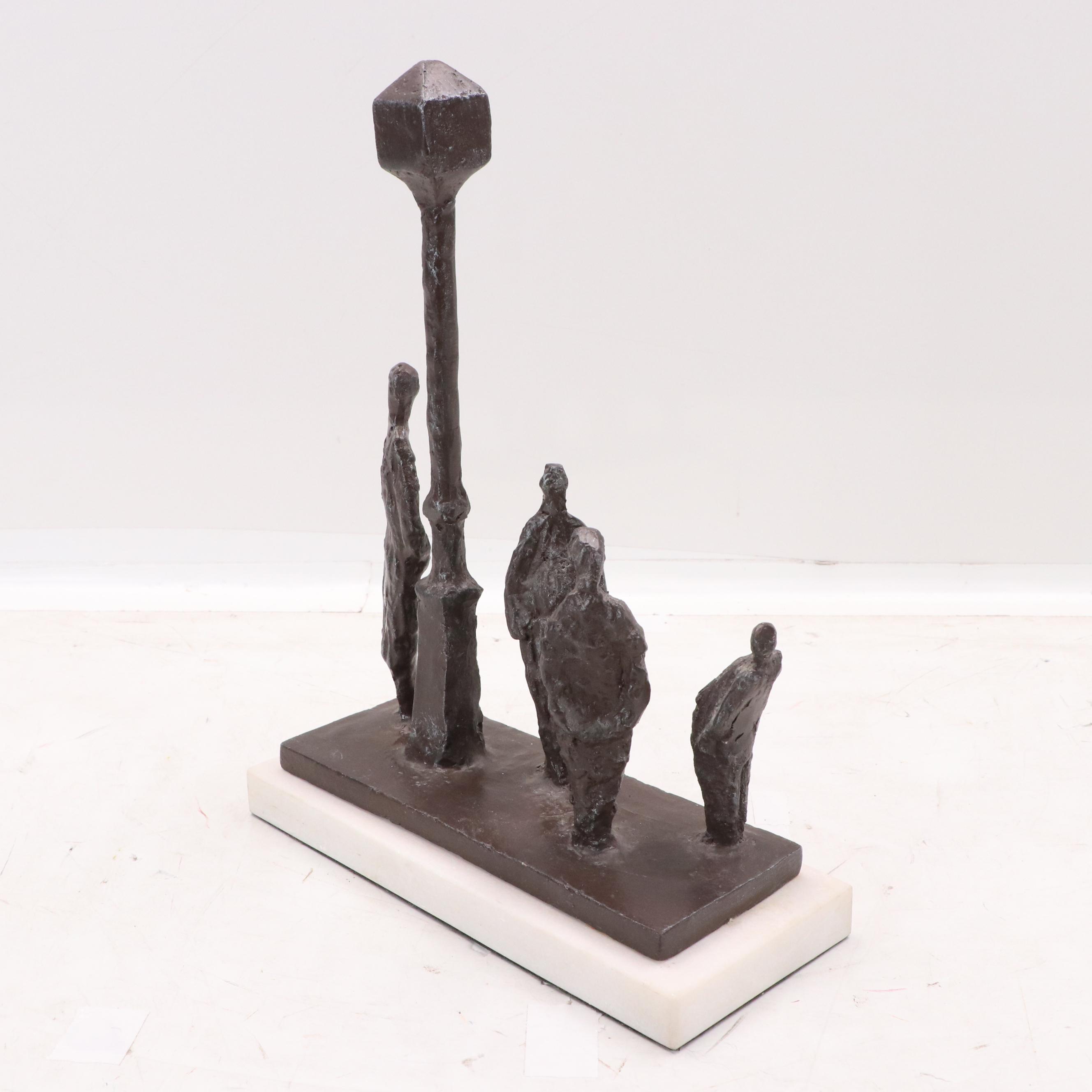 Stylized Cast Iron Sculpture with Figures Waiting by Lamppost, 20th Century