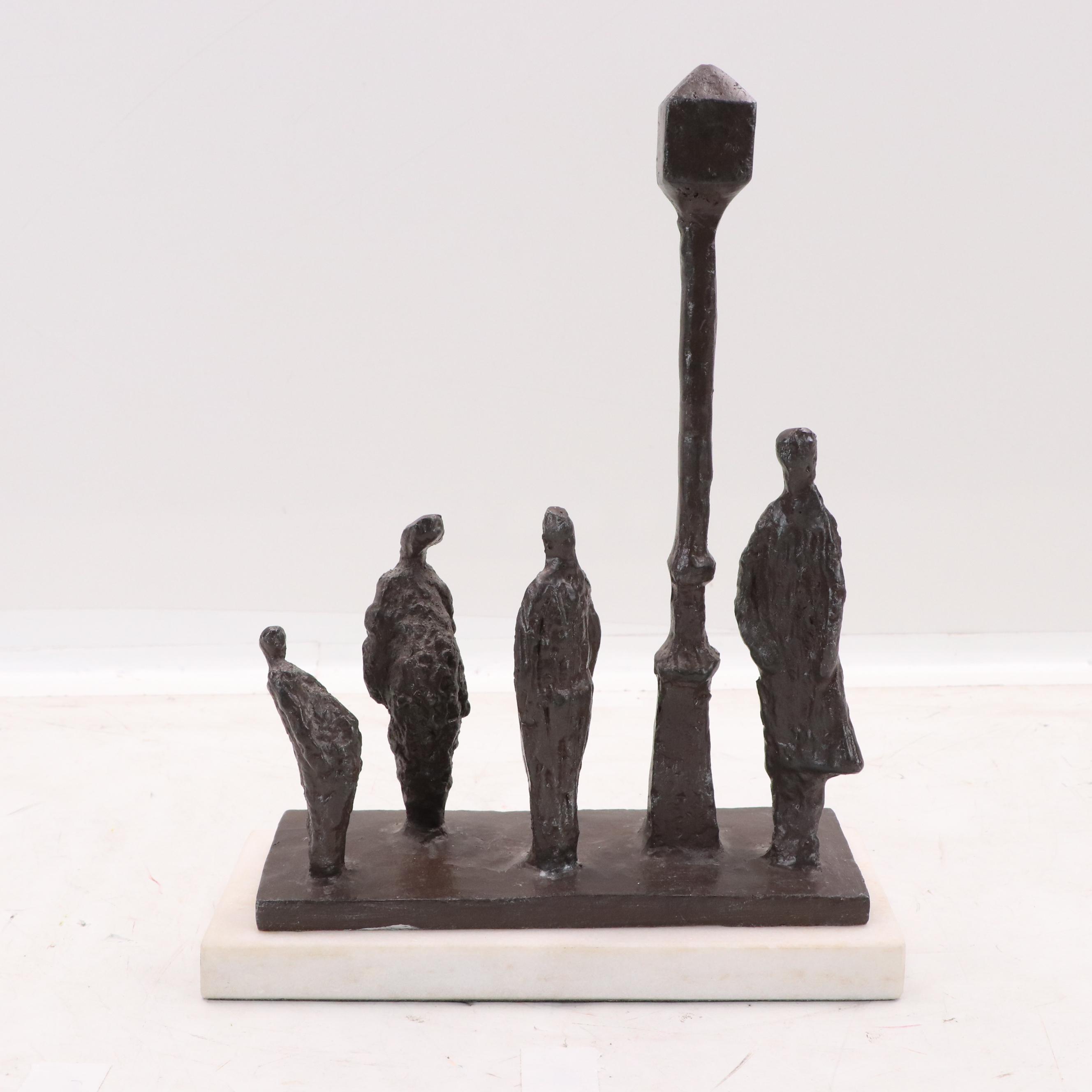 Stylized Cast Iron Sculpture with Figures Waiting by Lamppost, 20th Century