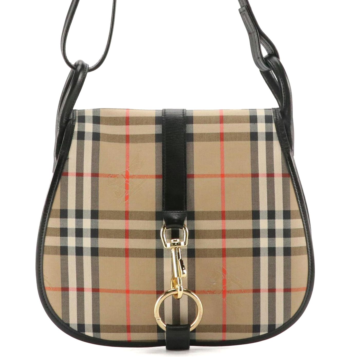 Burberrys' Hook-Front Saddle Flap Bag in Haymarket Check Canvas and Leather
