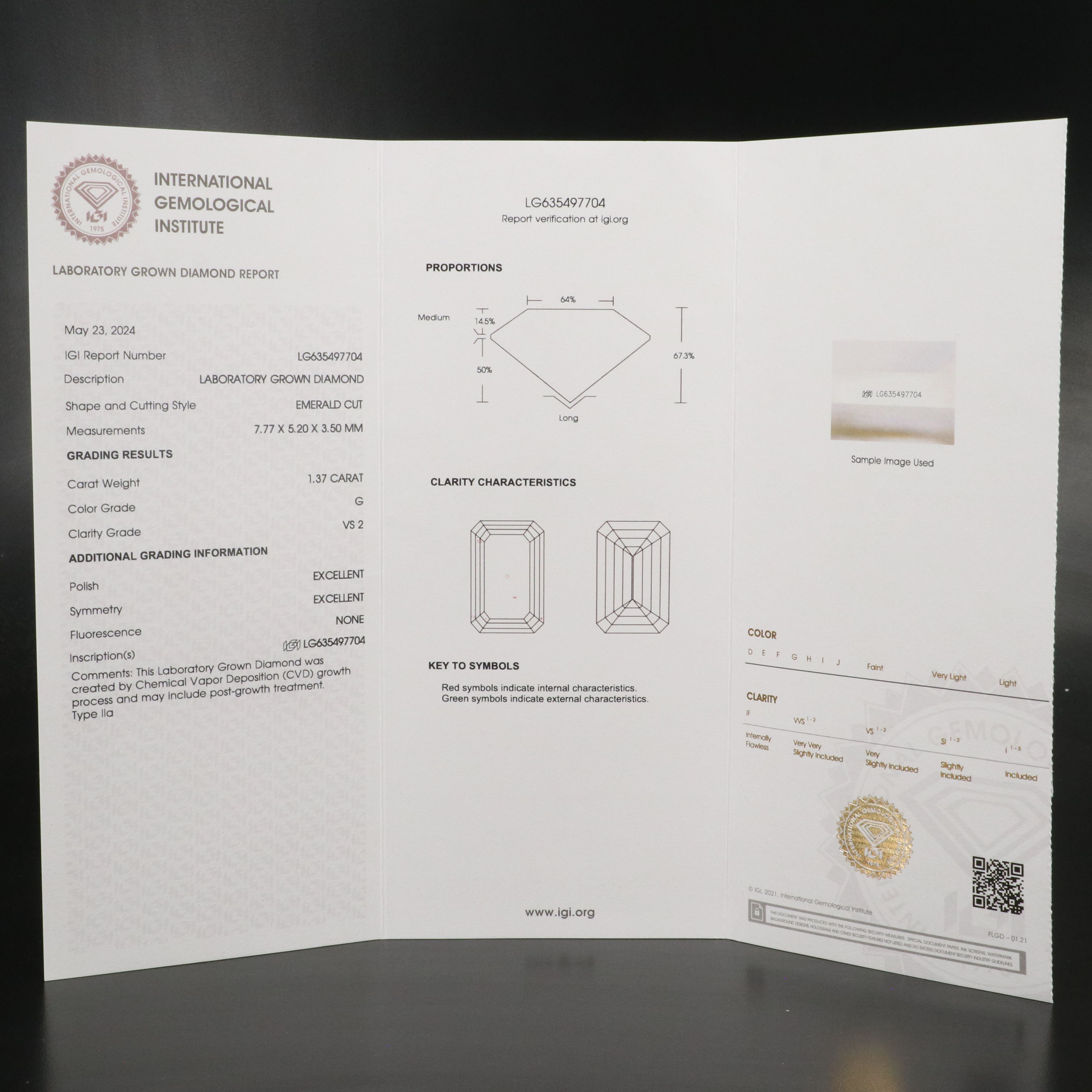 Loose 1.37 CT Lab Grown Diamond with IGI Report
