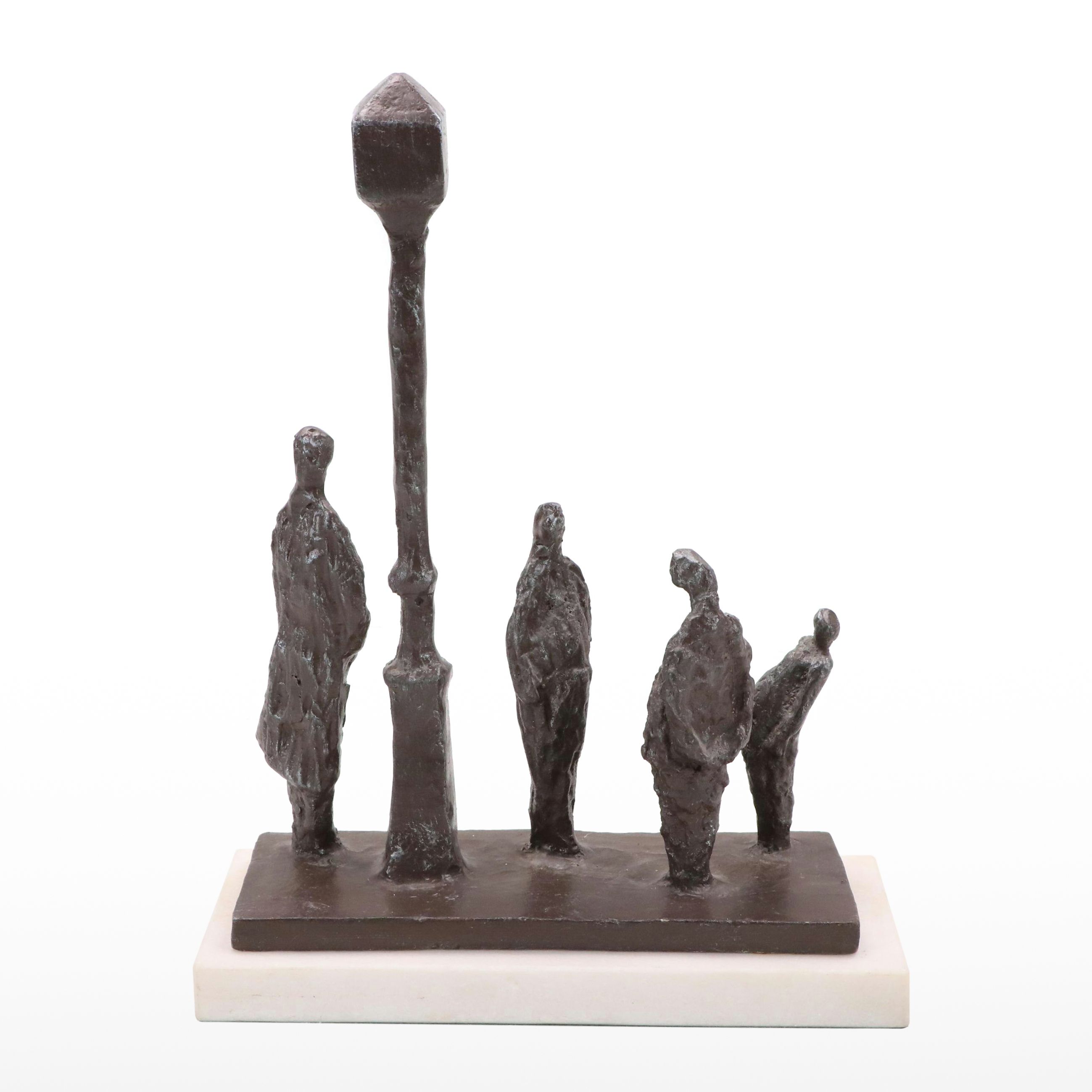 Stylized Cast Iron Sculpture with Figures Waiting by Lamppost, 20th Century