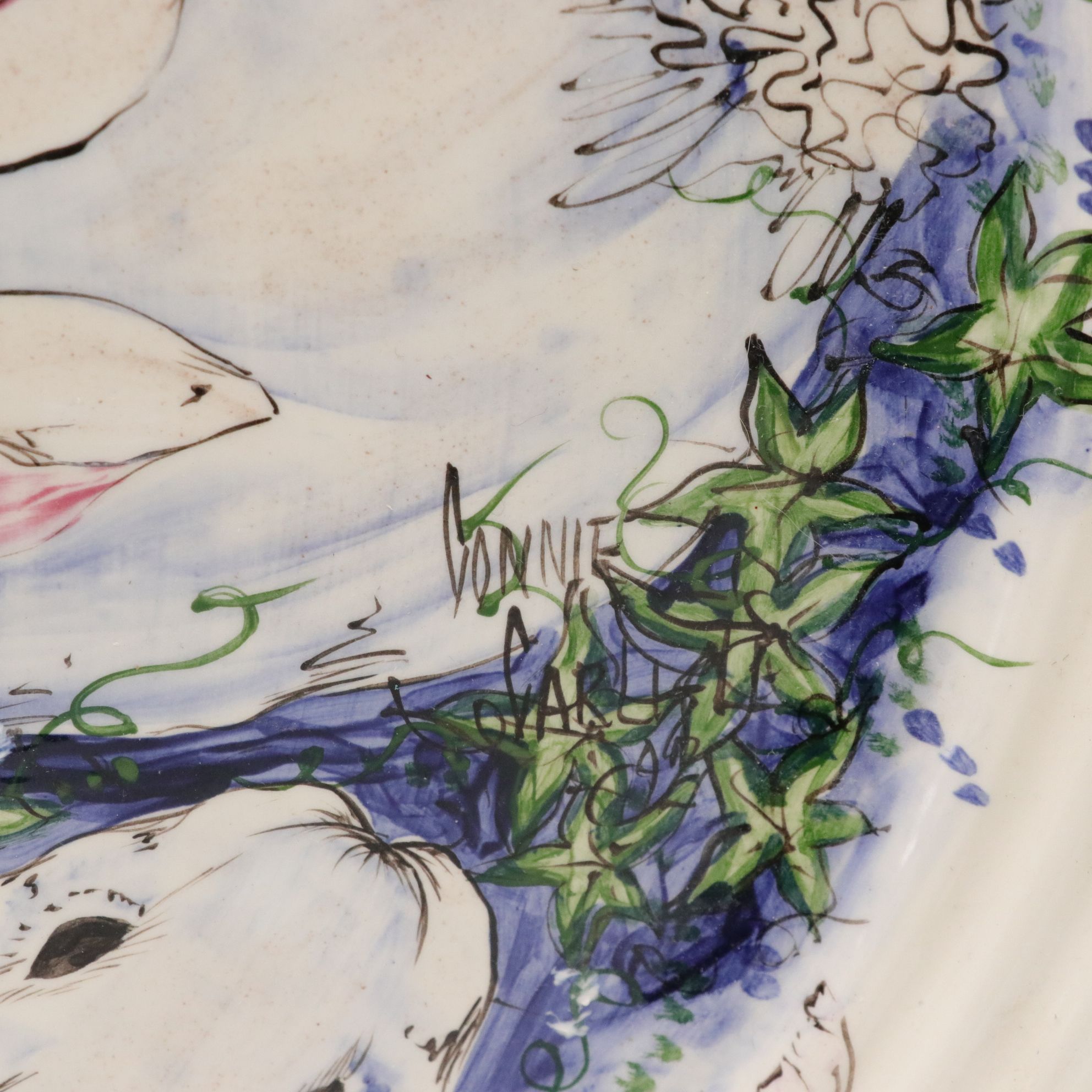 Connie Carlisle Hand-Painted Rabbits and Tulips Platter, Tray and Bowl, 1992