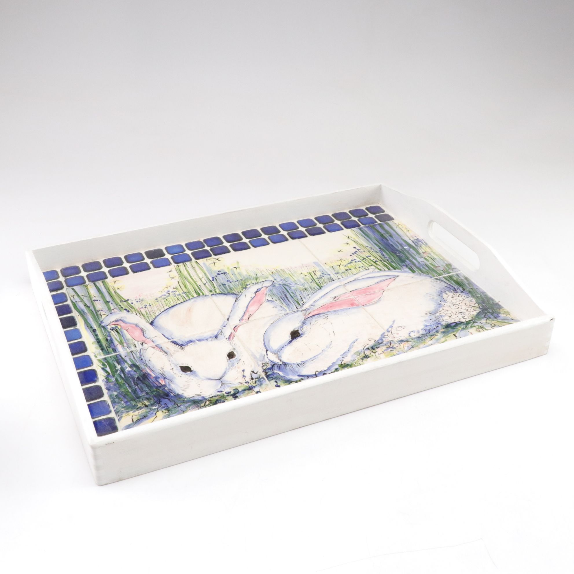 Connie Carlisle Hand-Painted Rabbits and Tulips Platter, Tray and Bowl, 1992