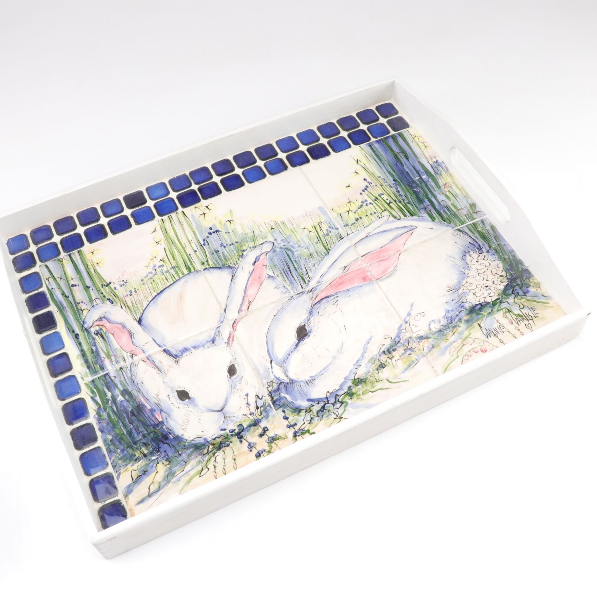 Connie Carlisle Hand-Painted Rabbits and Tulips Platter, Tray and Bowl, 1992