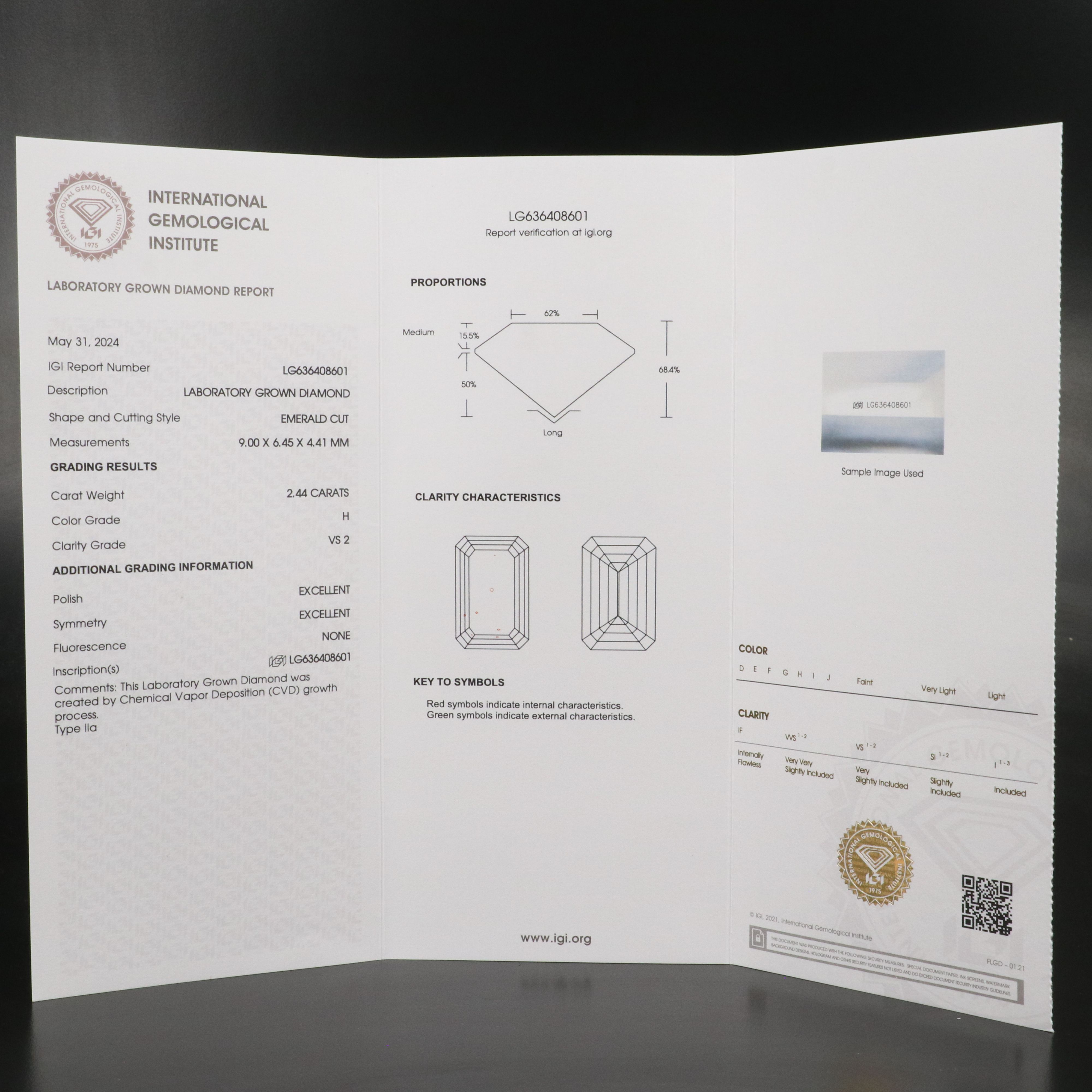 Loose 2.44 CT Lab Grown Diamond with IGI Report