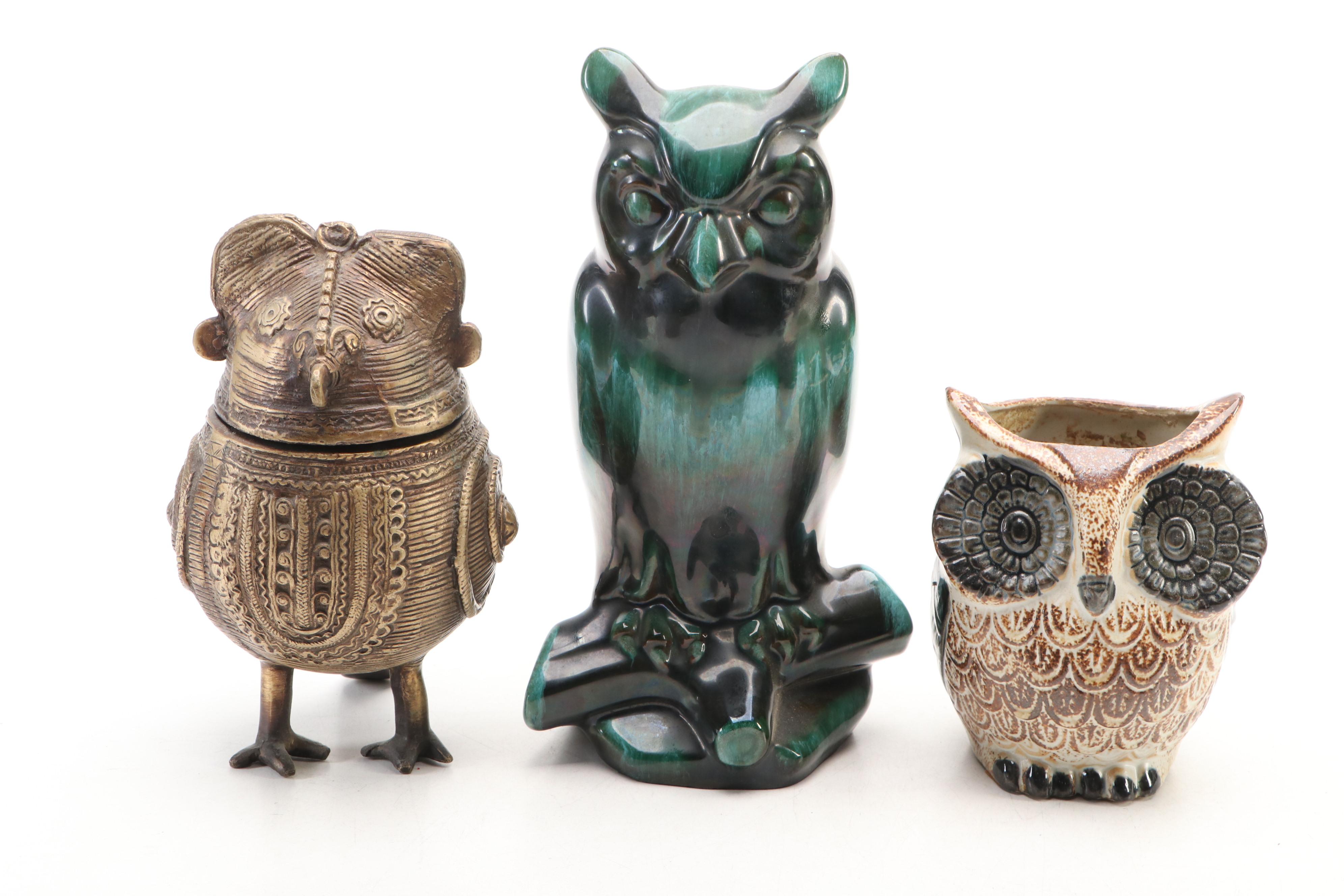 Indian Dhokra Brass Owl Container with Other Ceramic Owls