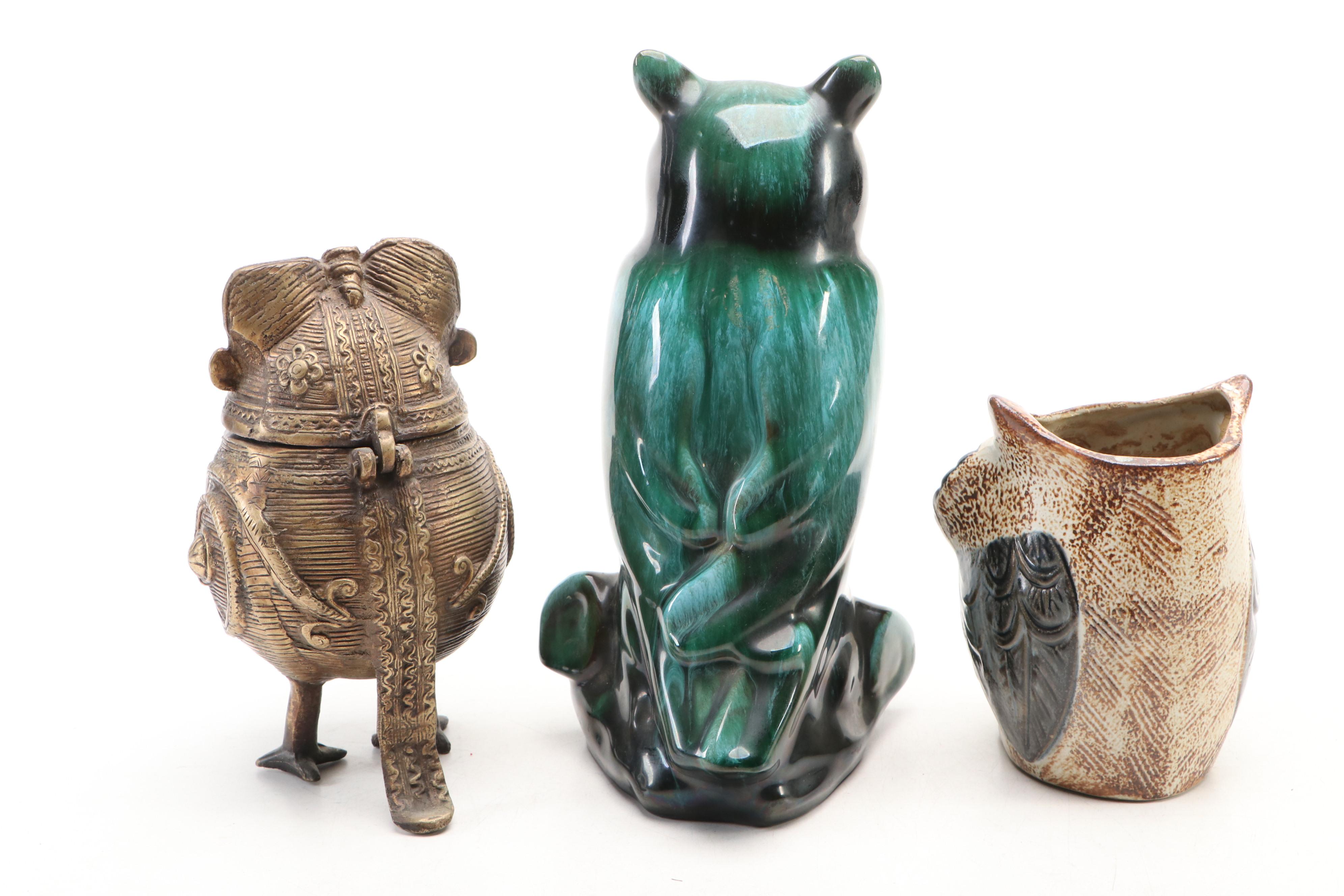 Indian Dhokra Brass Owl Container with Other Ceramic Owls