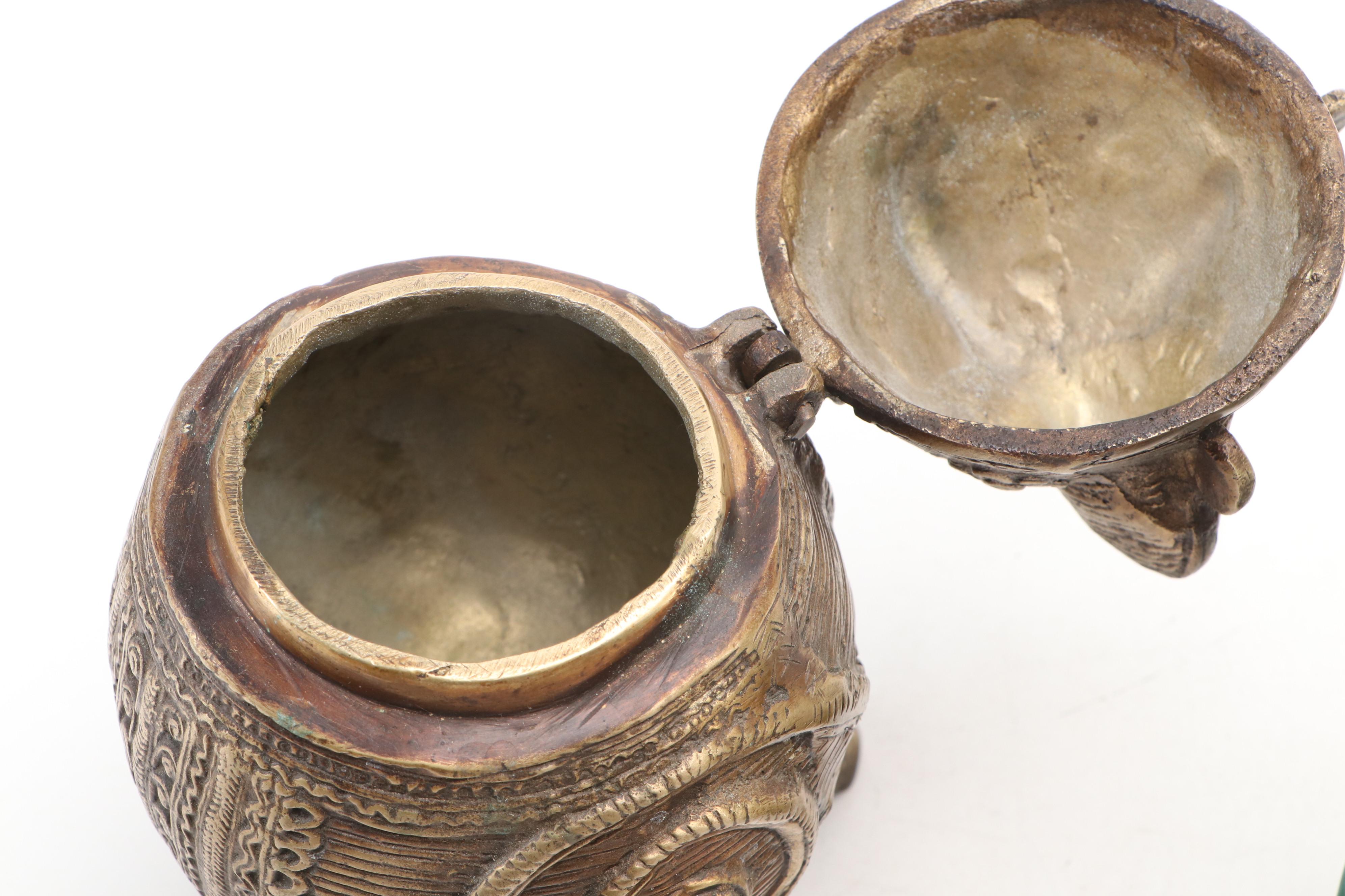 Indian Dhokra Brass Owl Container with Other Ceramic Owls