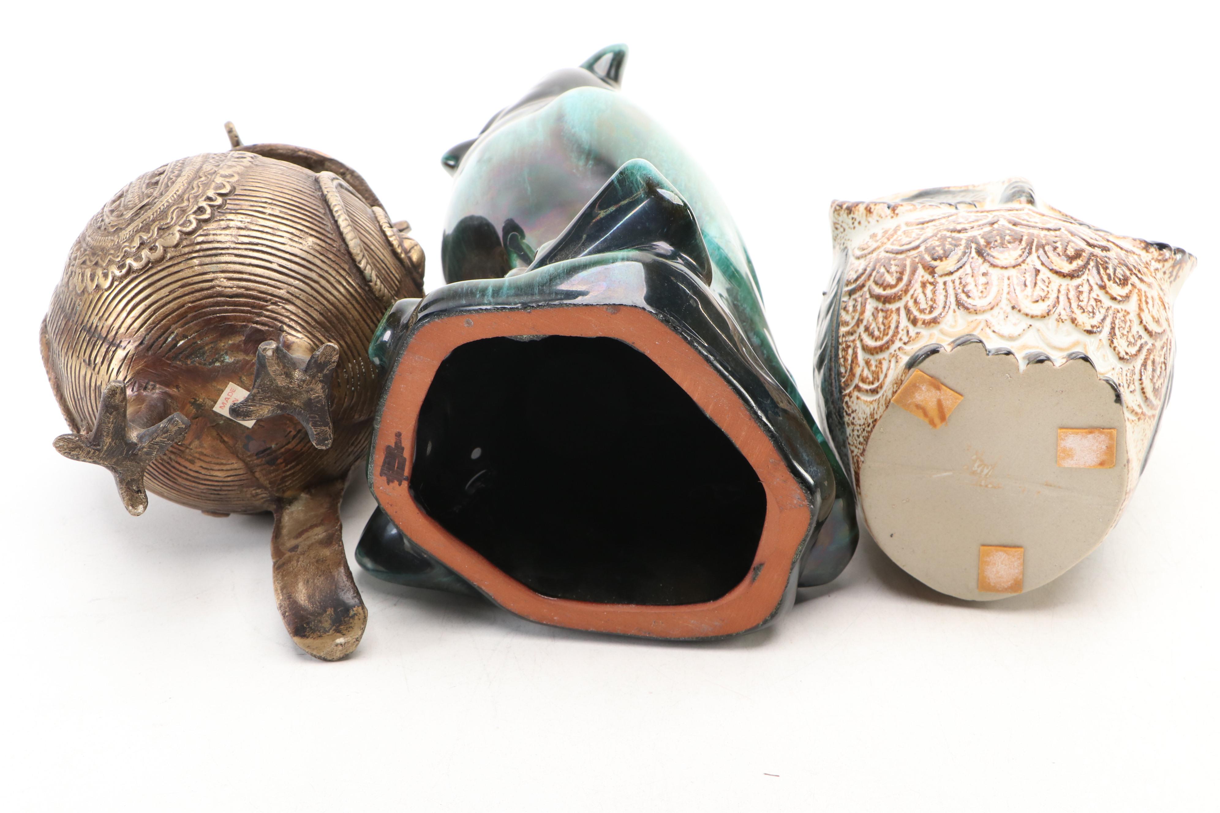 Indian Dhokra Brass Owl Container with Other Ceramic Owls