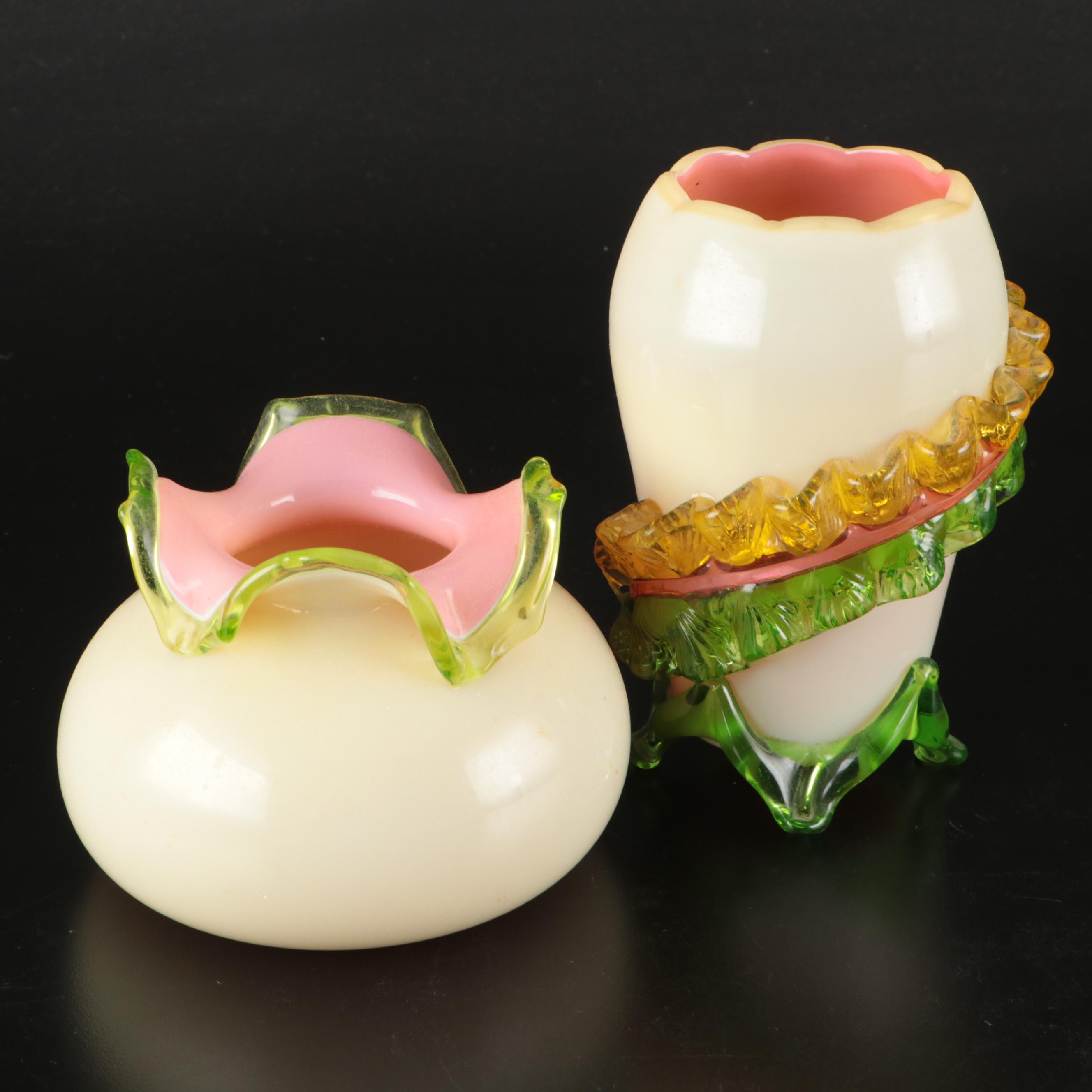 Victorian English Cased Uranium Glass Vases with Applied Decoration