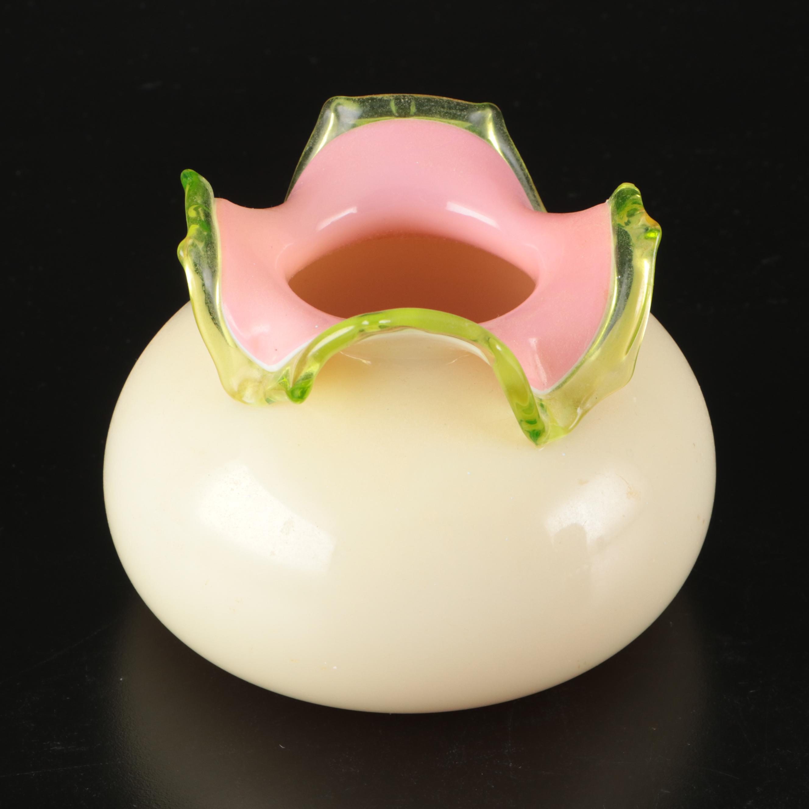 Victorian English Cased Uranium Glass Vases with Applied Decoration