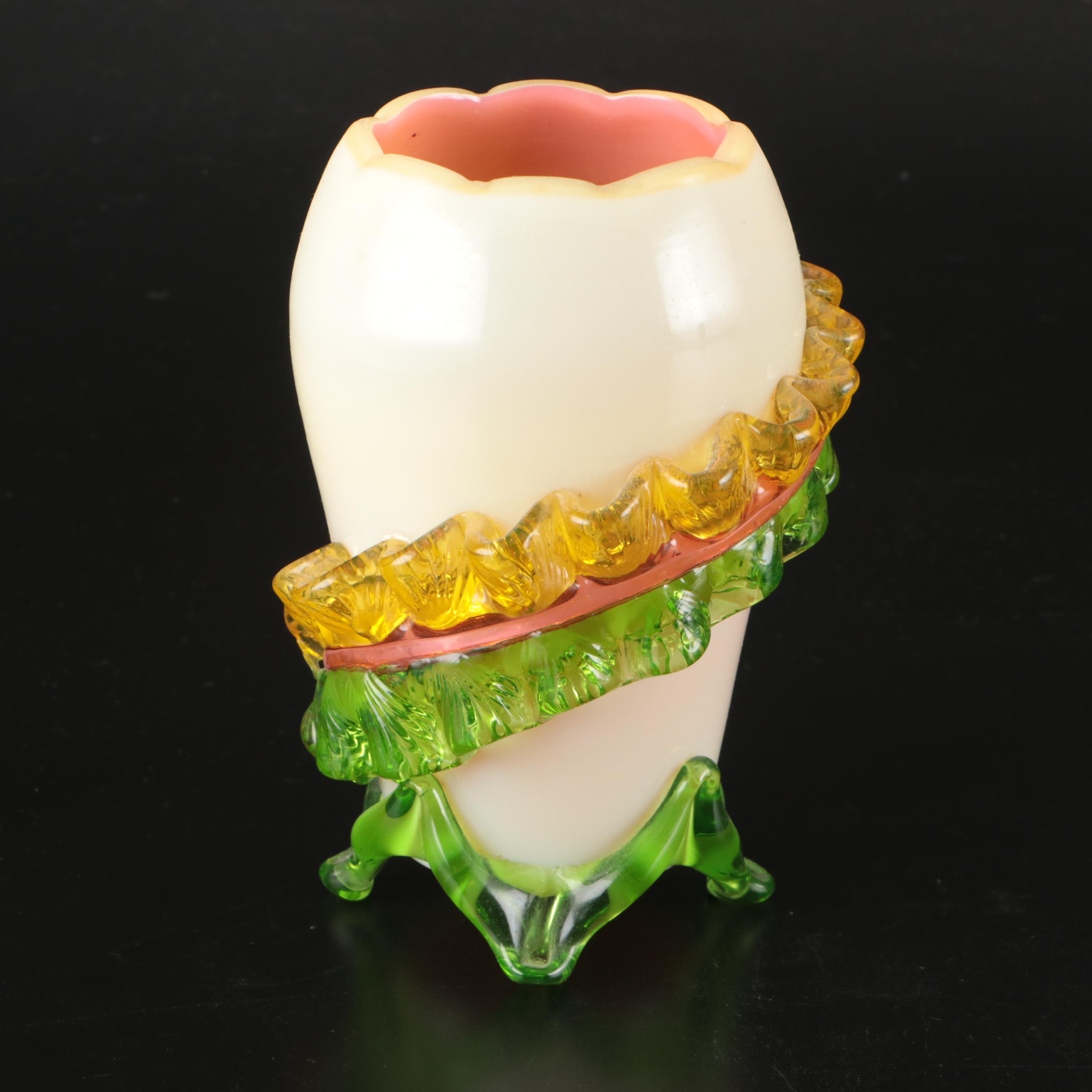 Victorian English Cased Uranium Glass Vases with Applied Decoration