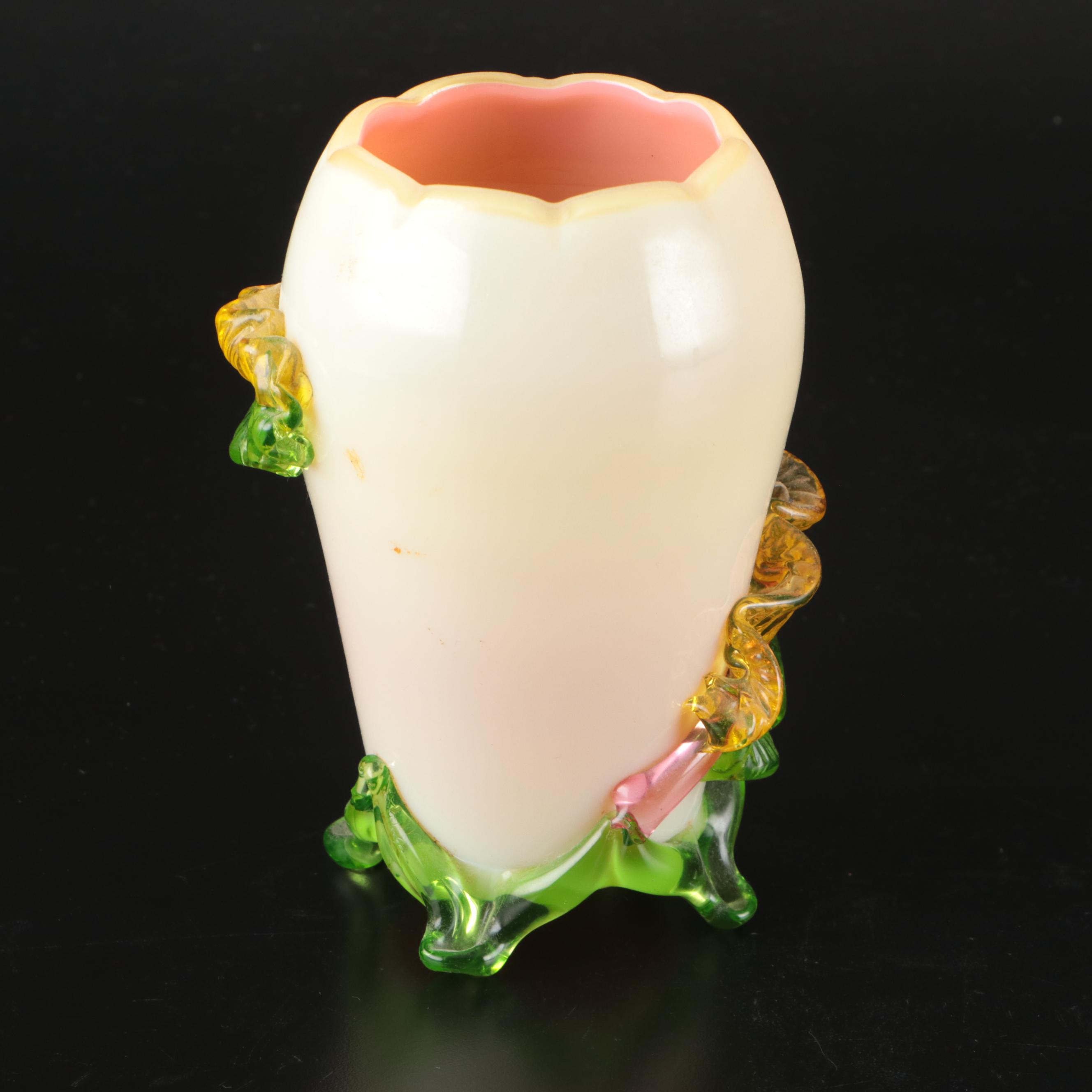 Victorian English Cased Uranium Glass Vases with Applied Decoration