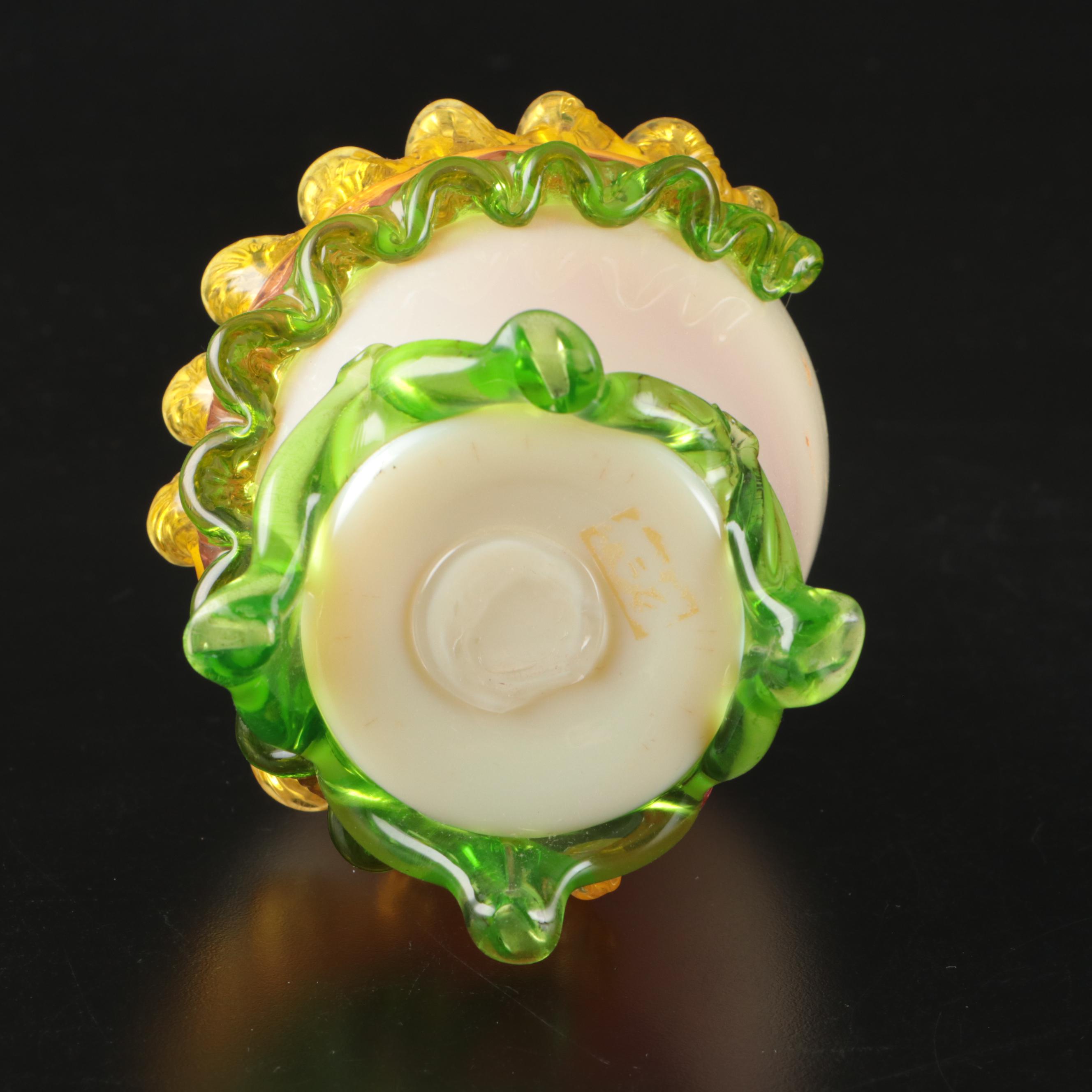 Victorian English Cased Uranium Glass Vases with Applied Decoration