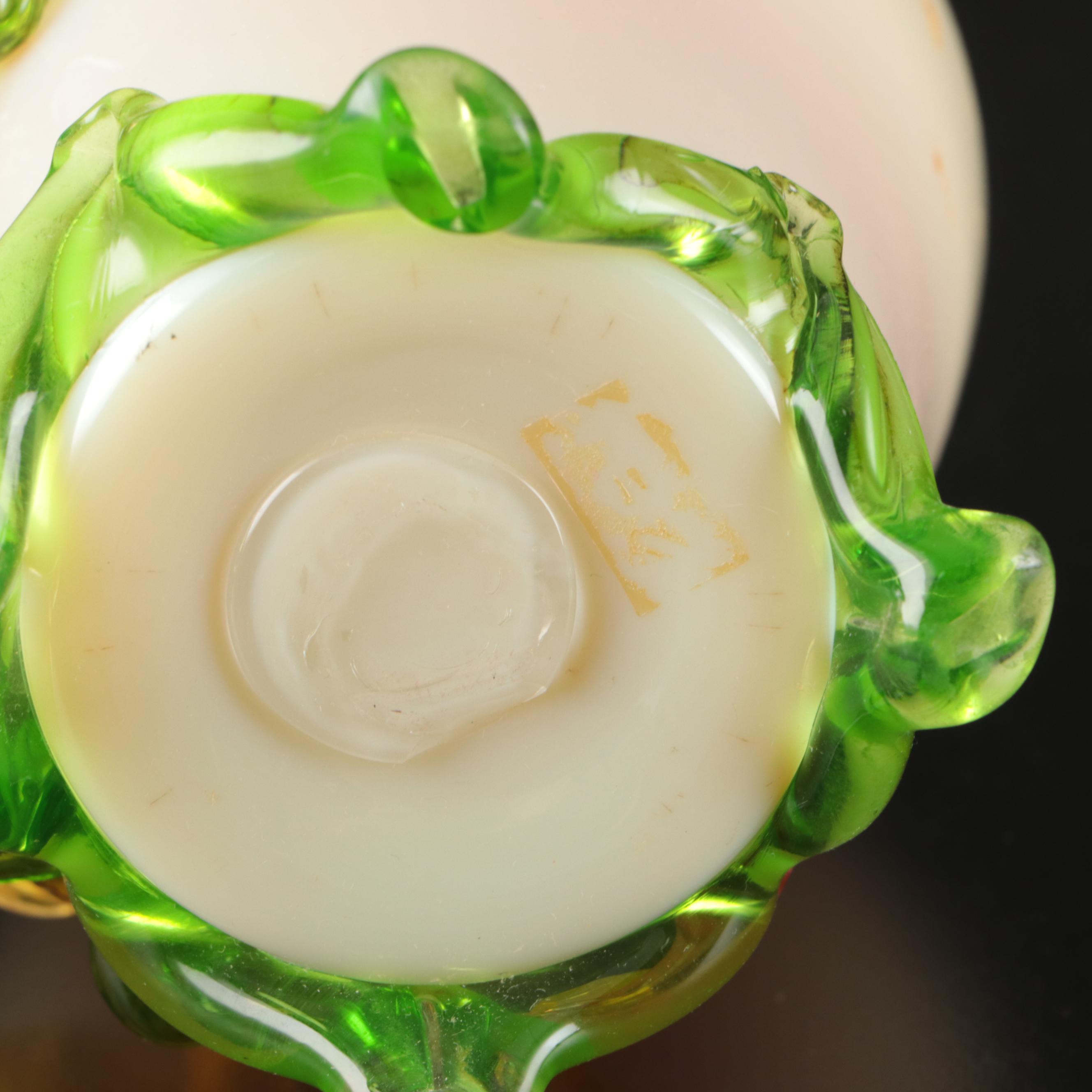 Victorian English Cased Uranium Glass Vases with Applied Decoration