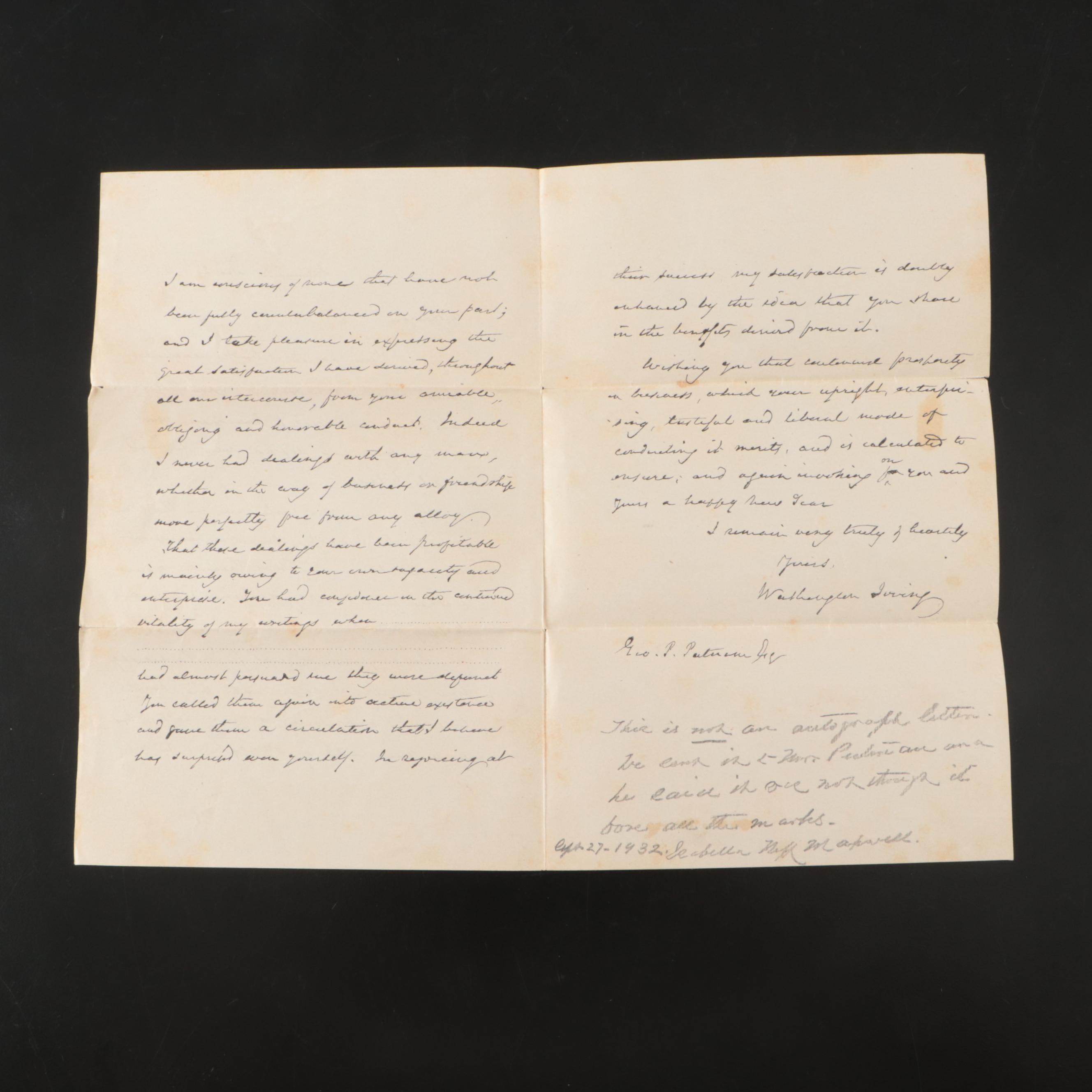 Washington Irving Facsimile Letter, 19th Century