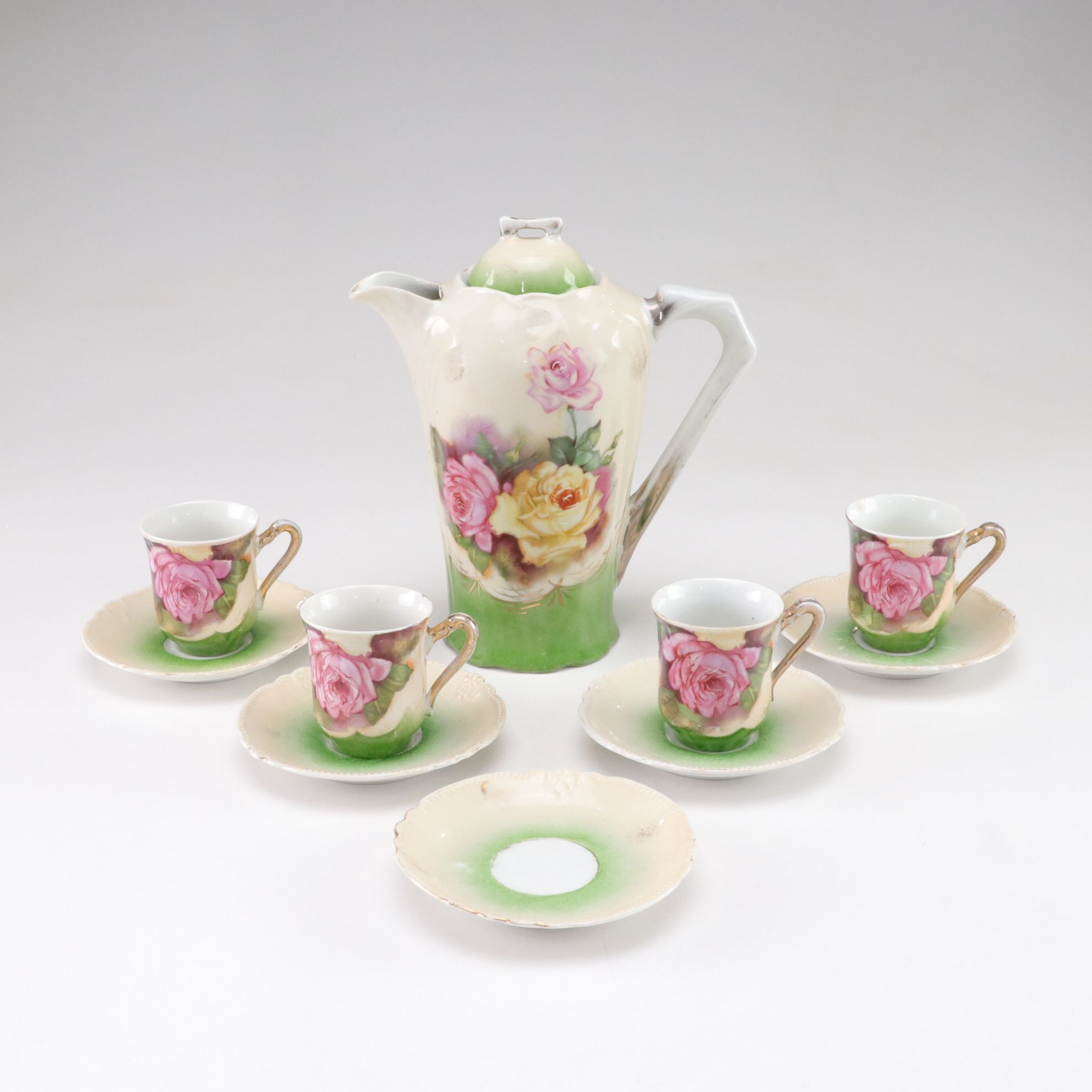 German E. & R. Gilt Porcelain Teapot with Demitasse Cups and Saucers