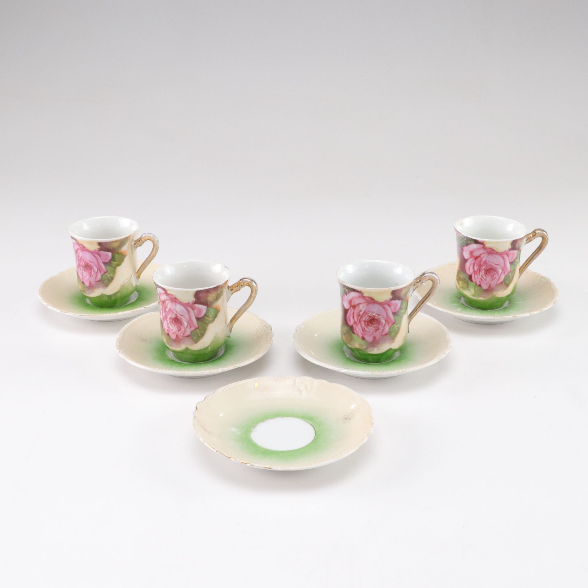 German E. & R. Gilt Porcelain Teapot with Demitasse Cups and Saucers