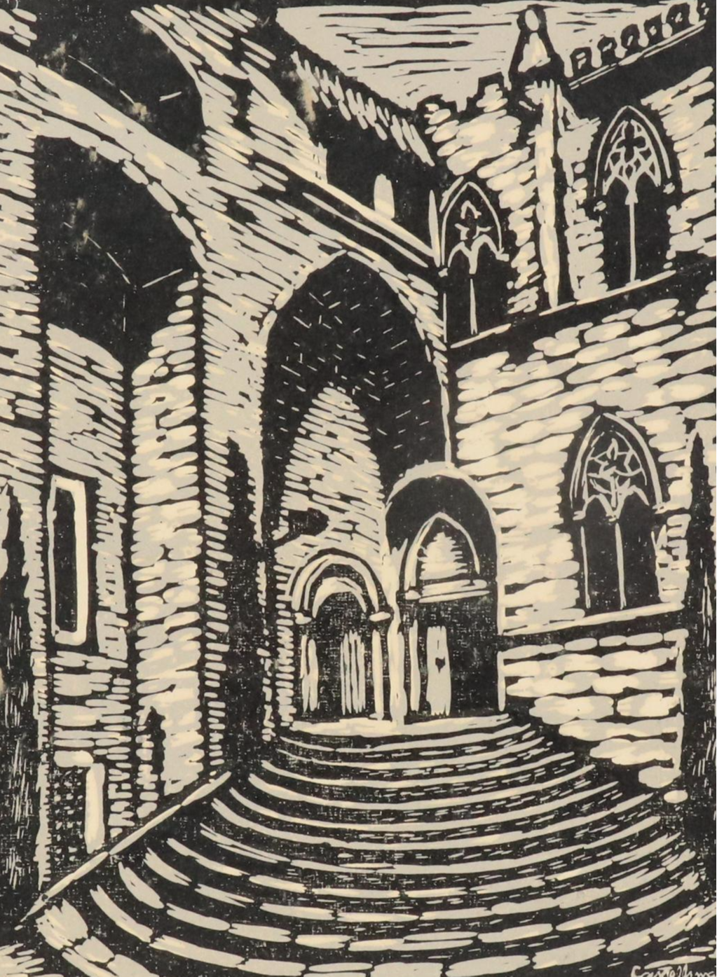 Juan Castells Marti Woodcut of Barcelona, Circa 1930