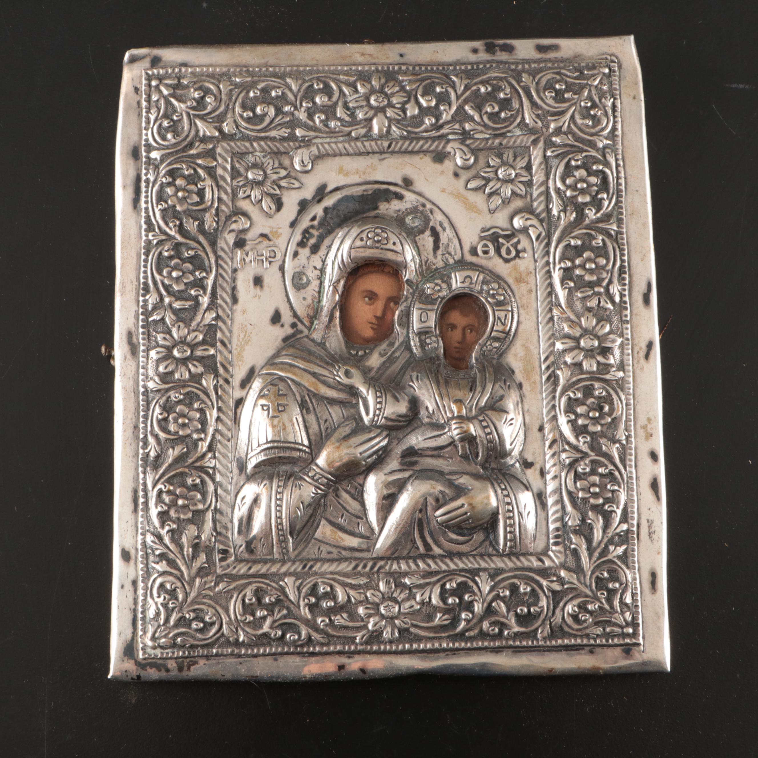 Greek Orthodox Icon of Madonna and Child in 800 Silver Repousse Frame