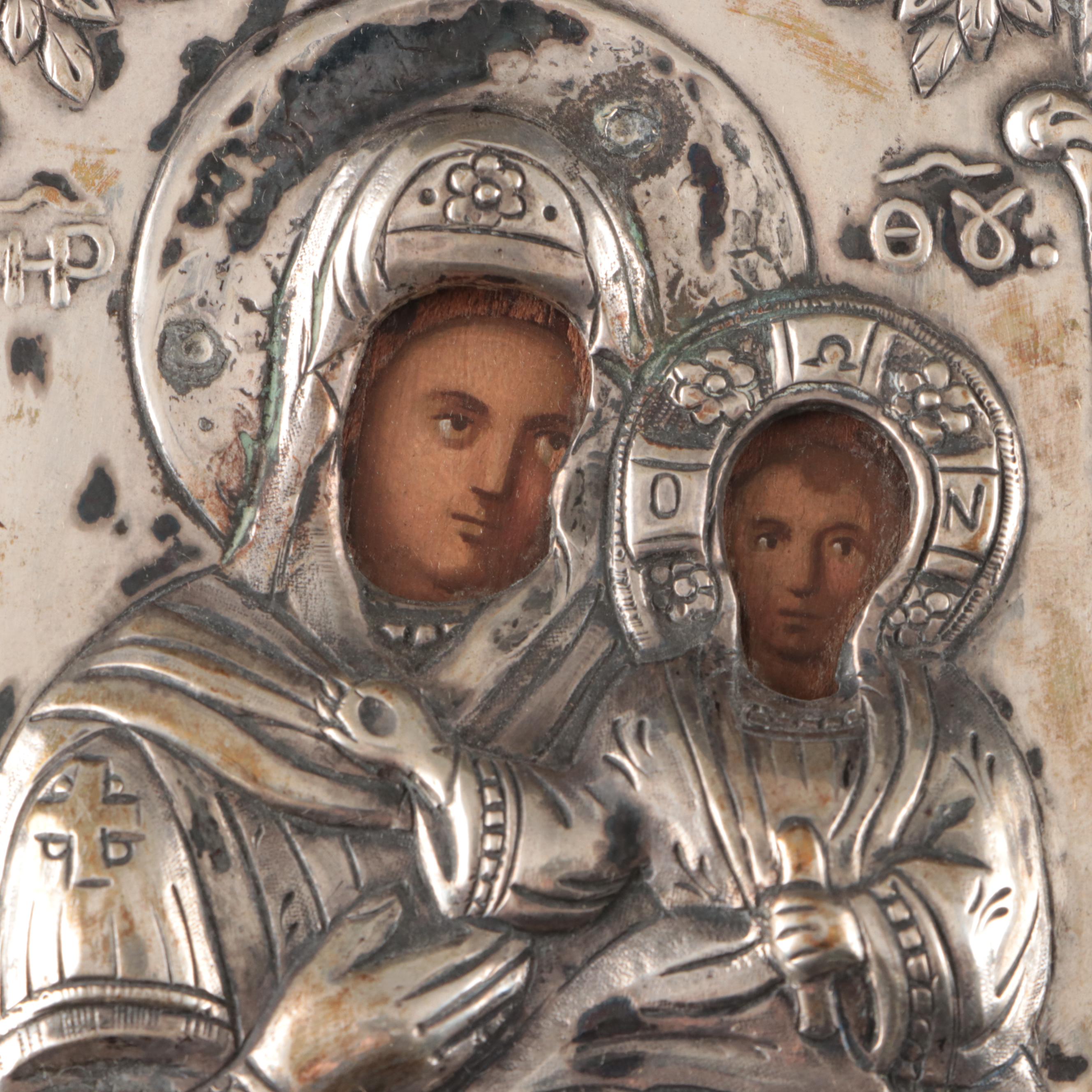 Greek Orthodox Icon of Madonna and Child in 800 Silver Repousse Frame