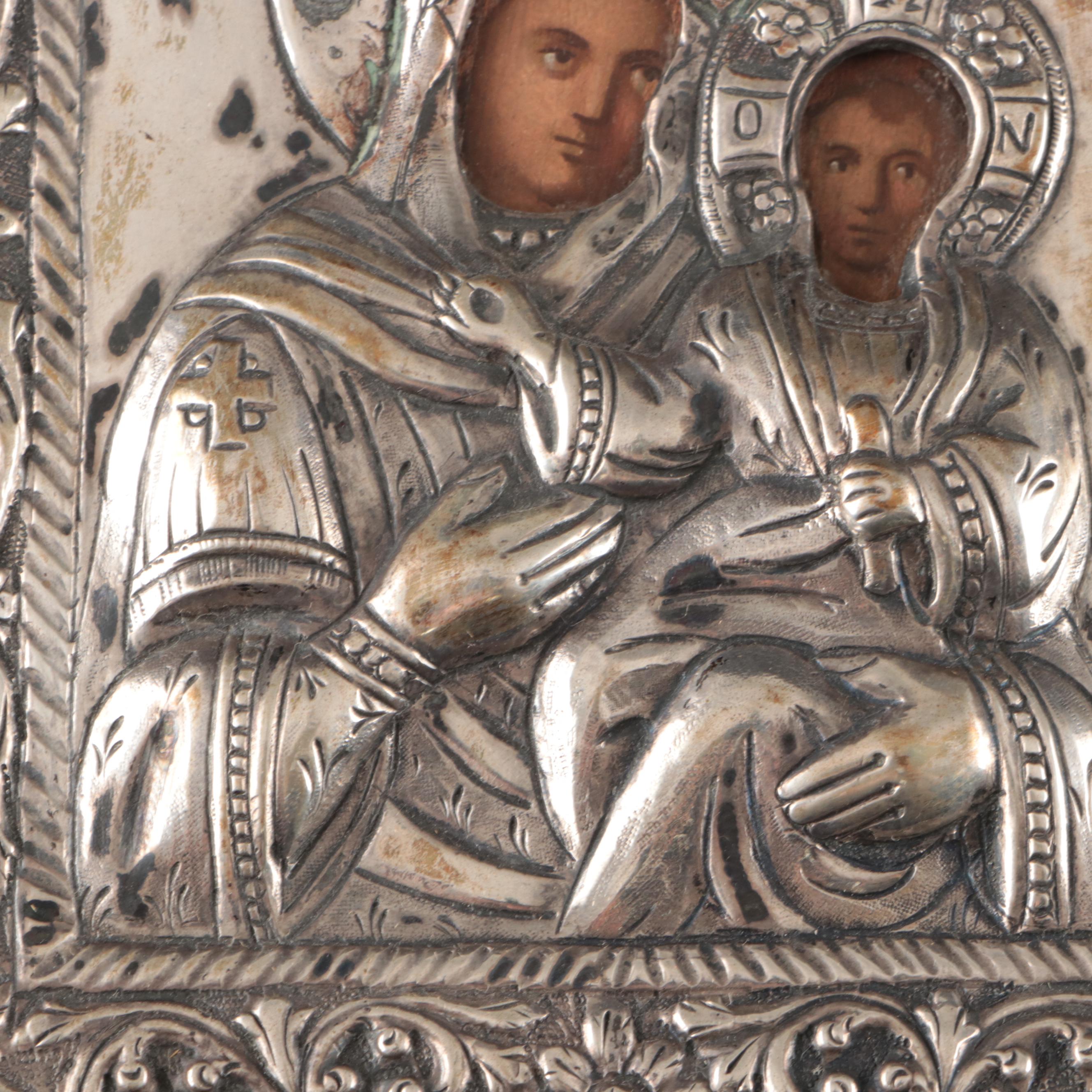Greek Orthodox Icon of Madonna and Child in 800 Silver Repousse Frame
