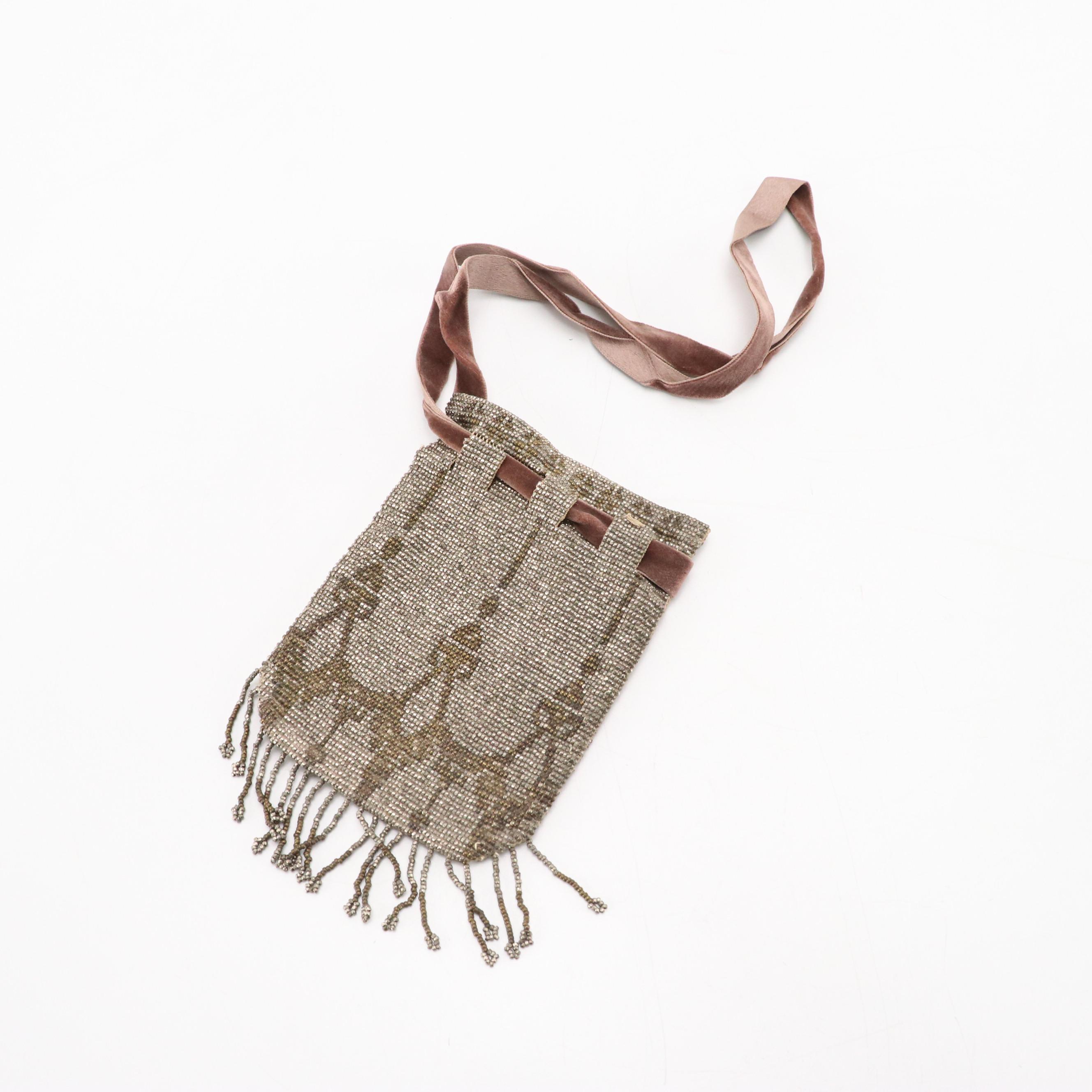 Drawstring Pouch and Frame Bag in Plated Steel Cut Beads