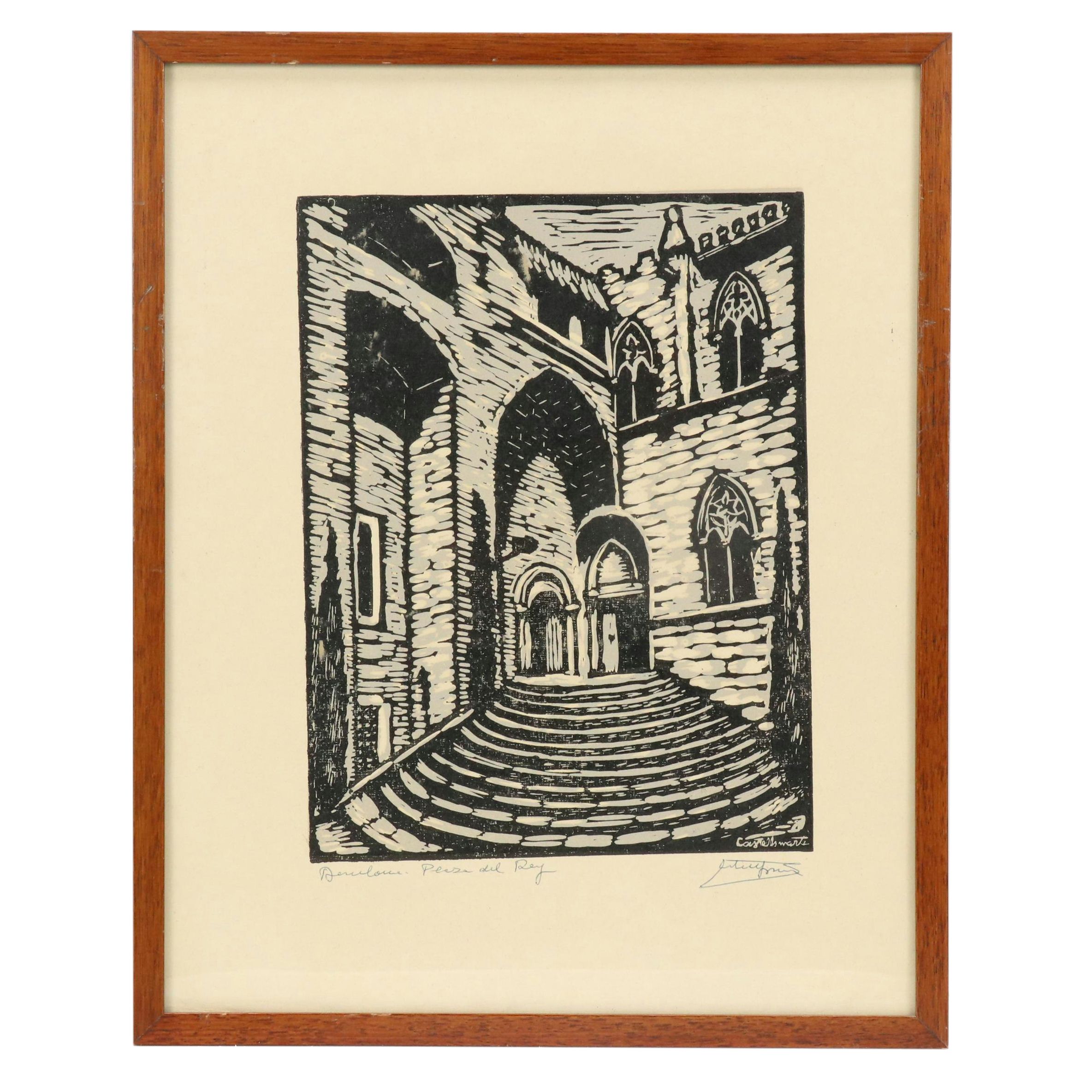 Juan Castells Marti Woodcut of Barcelona, Circa 1930
