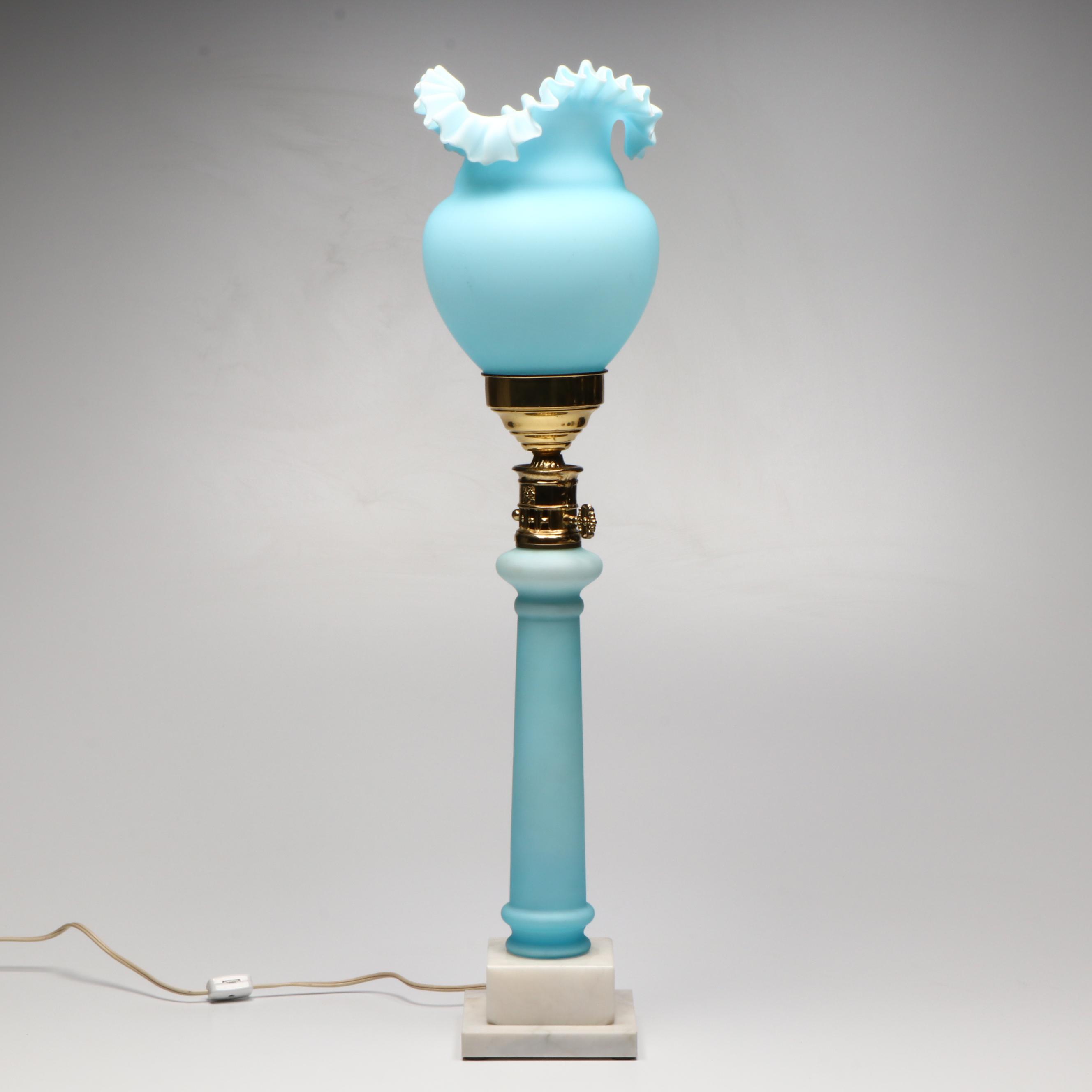 Fenton Blue Satin Glass Console Lamp with Marble Base