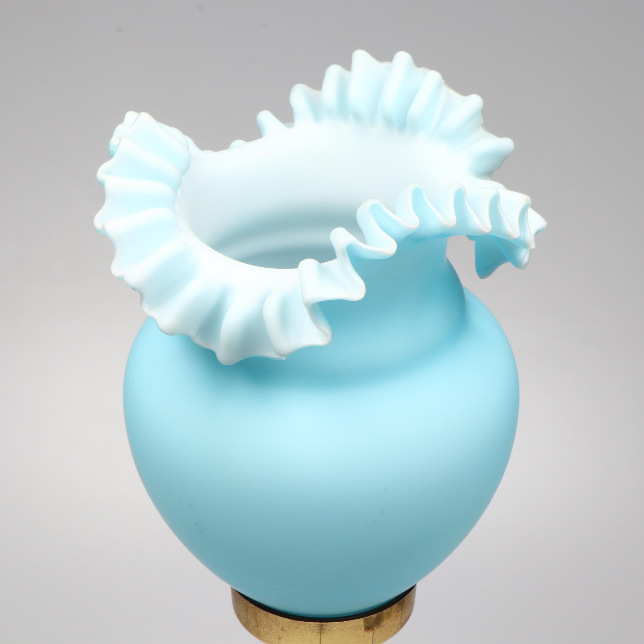 Fenton Blue Satin Glass Console Lamp with Marble Base