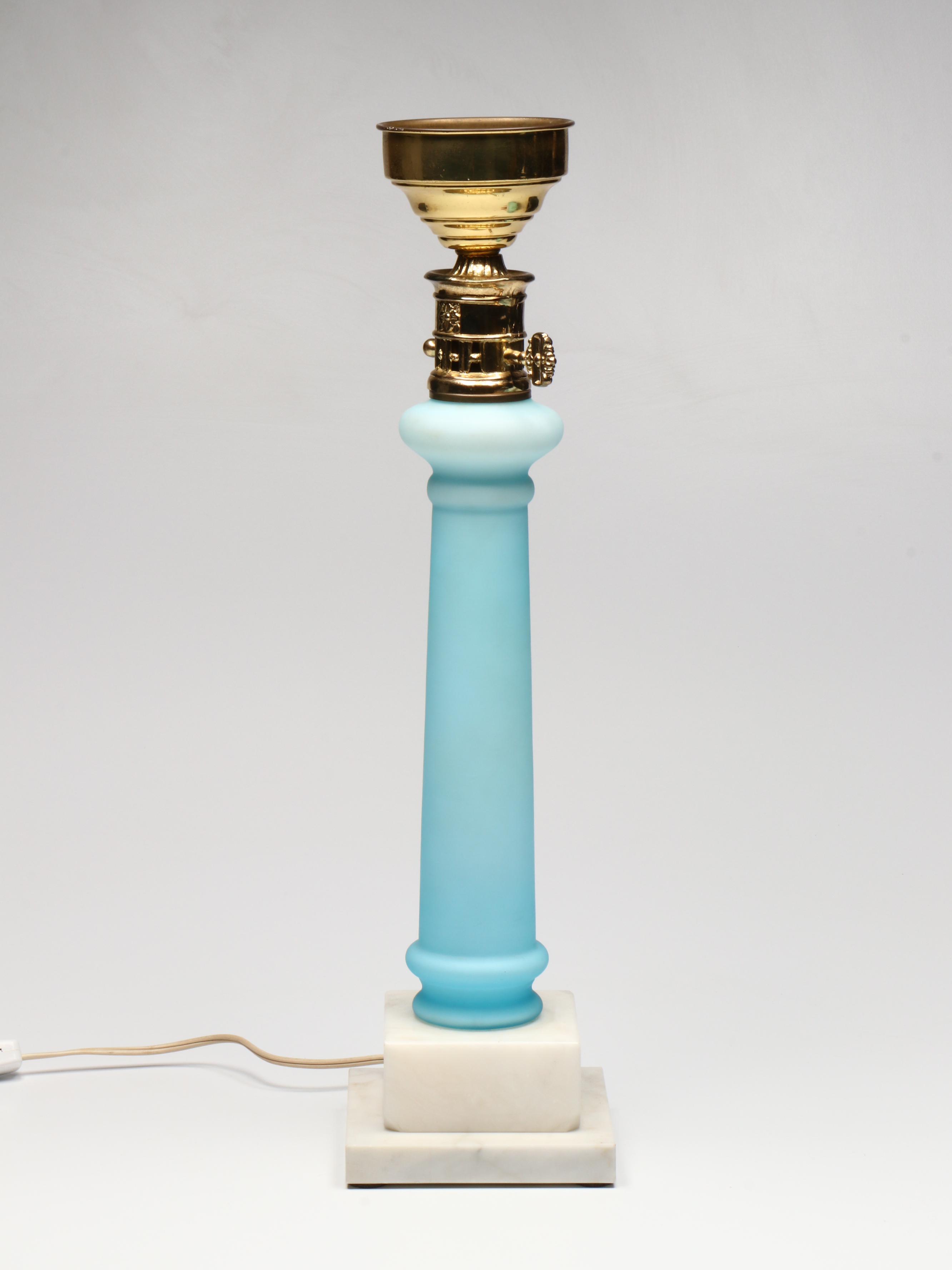 Fenton Blue Satin Glass Console Lamp with Marble Base
