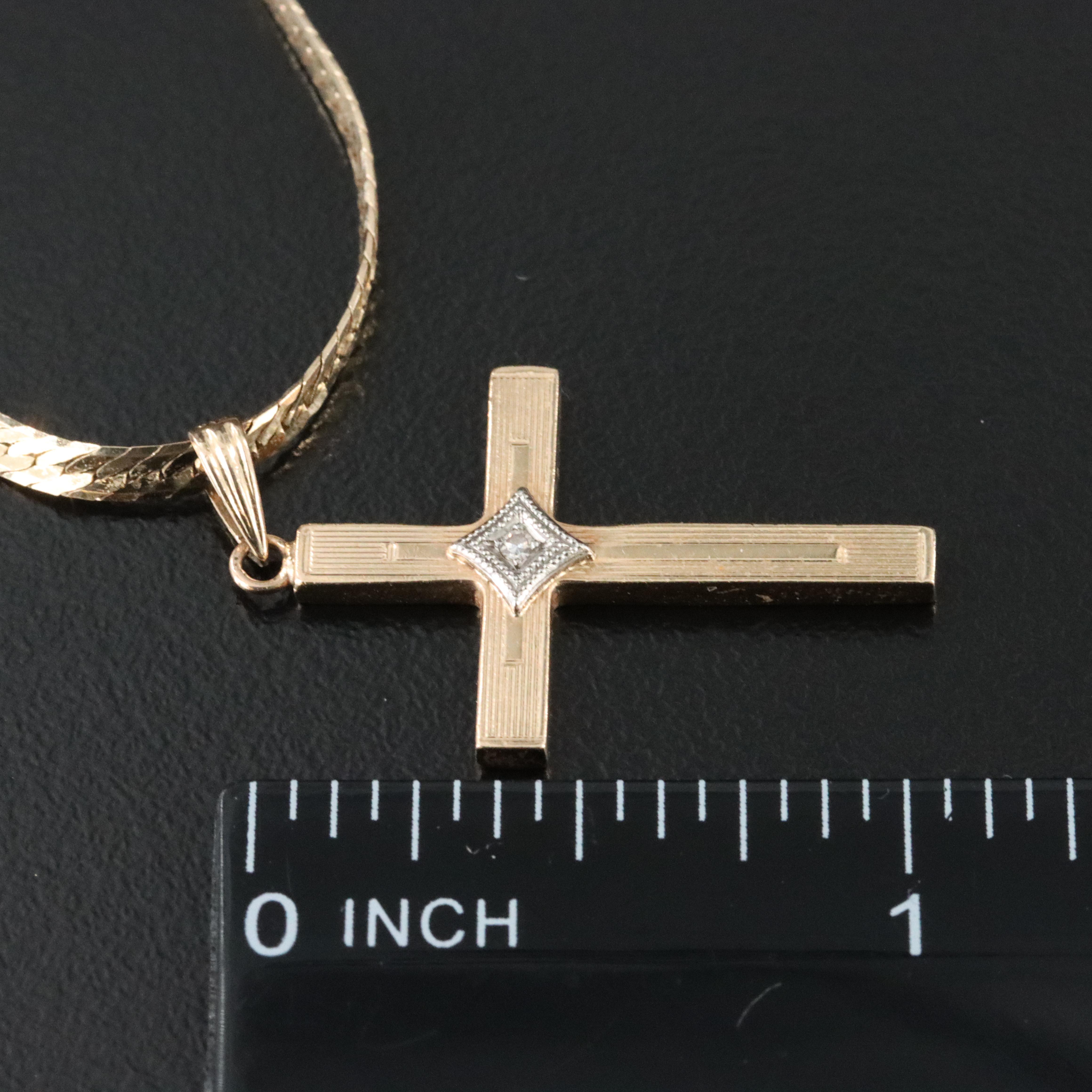 10K 0.01 CT Diamond Cross Pendant on 14K Herringbone Necklace
